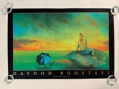 Davood Roostaei (1959-2023) "Is the Ocean Still Alive?" 1996 Poster 24.5x36": This poster (4 of 4 in the series) was produced in 1996 by Roostaei for an exhibition in Monaco. It features a haunting image of his 1986 painting Is The Ocean Still Alive?, a prophetic and emotionall