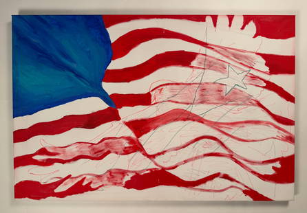 Davood Roostaei (1959-2023) Orig Painting "Deferred: Patriotic Markings From An Earlier Time" 2009: In "Deferred," Davood Roostaei steps away from the dense layering of his signature Cryptorealism to present a strikingly direct and honest meditation on America. With bold symbolism and a restrained h