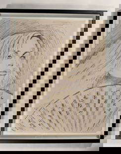 Davood Roostaei (1959-2023) Original Drawing “Untitled (Woman with Fan)" 2014 Ink on Paper 24"x30": In this striking drawing, Davood Roostaei captures more than a mere likeness—he conjures a presence. The woman, poised with a handheld fan, exists in a realm between concealment and revelation. Her