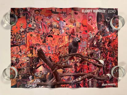 Elliott Hundley "Echo" Signed with Drawing on Verso - Regen Projects 2023 Exhibit Poster 23"x17": Exhibit poster for Elliott Hundley's "Echo" at Regen Projects January 14 – February 19, 2023. The artist recreates part of his studio to frame his collages, paintings, ceramics and chandeliers on di