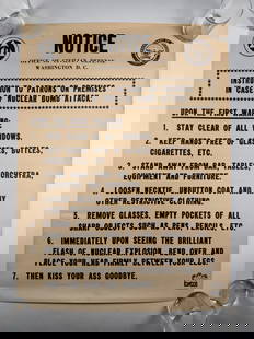 Kiss Your Ass Goodbye Original Poster Anti Nuclear War and Political Satire 23x31: Anti Nuclear War and Political satire poster spoofing the U.S. Department of Defense Civil Defense system, in the form of a notice, flanked by official logos, with "Instruction to Patrons on Premises