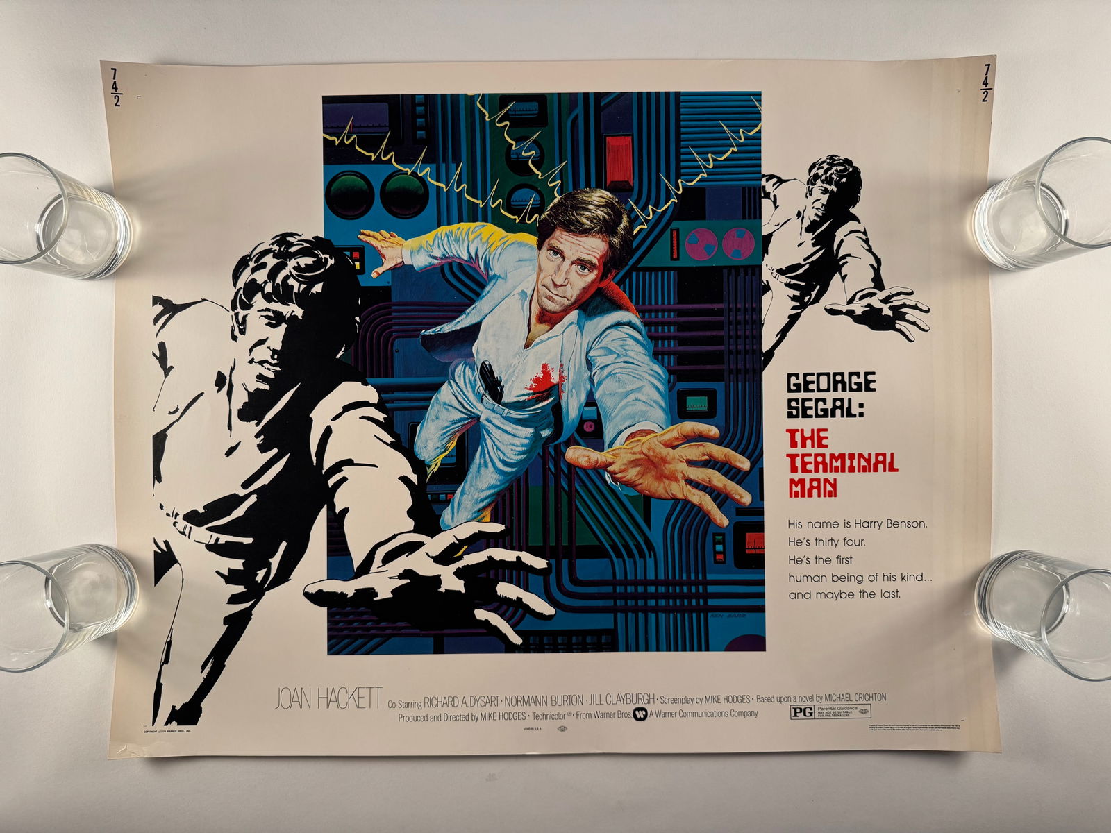 The Terminal Man Vintage Half Sheet Movie Poster George Segal 28x22: The Terminal Man is a 1974 American horror science fiction film directed by Mike Hodges, based on the 1972 novel of the same name by Michael Crichton. Starring George Segal and Joan Hackett, the film