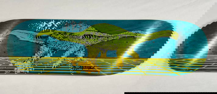 Pocket Pistols Skateboard 33"x9" Signed by Matt French, Yodasaurus Yoda Dinosaur: Extremely rare Pocket Pistols Skateboard signed by artist Matt French.