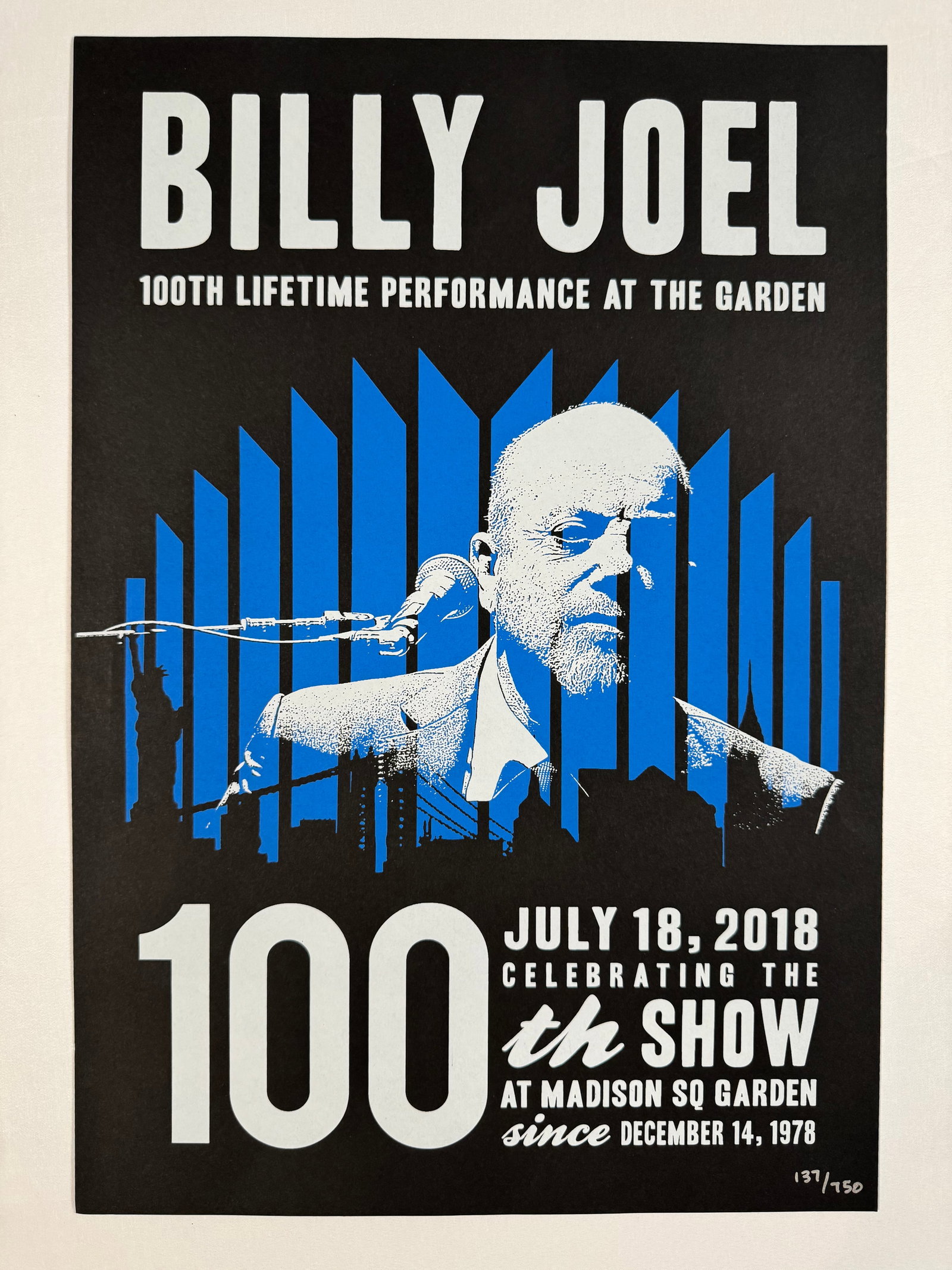 Billy Joel 100th Lifetime Performance at the Garden, 2018 Numbered 137/750, 13"x19": Near Mint Condition.