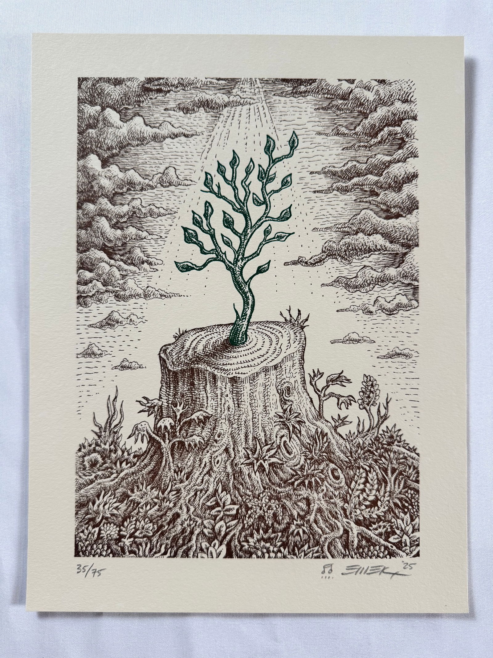 The Re-Giving Tree" by Emek 2025 Signed, Numbered Letterpress Print 35/75, Creme Edition, 8"x10.5 (1 of 5)