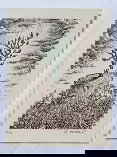 The Re-Giving Tree" by Emek 2025 Signed, Numbered Letterpress Print 35/75, Creme Edition, 8"x10.5: Emek, also known as Golan Levin, is a renowned rock poster artist known for his detailed, hand-drawn, and silkscreened posters, often incorporating socio-political commentary into pop culture imagery.