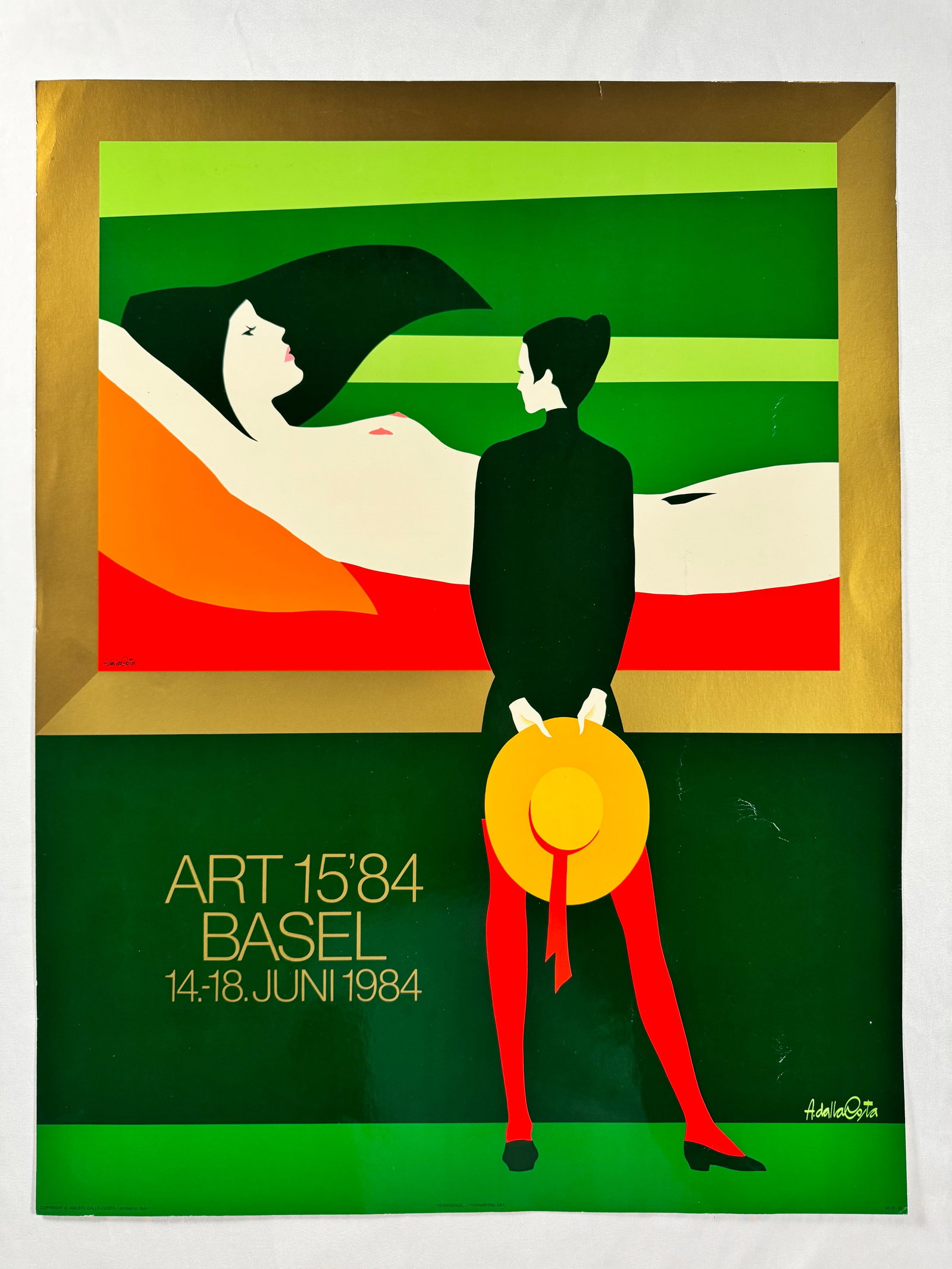 Art Basel 1984 by Amleto dalla Costa Exhibition Poster, 19"x25": Amleto dalla Costa is an Italian artist best known for his flat, figurative paintings and silkscreen prints of women that directly reference art history. Born in 1929 in Milan, Italy, Costa's composit