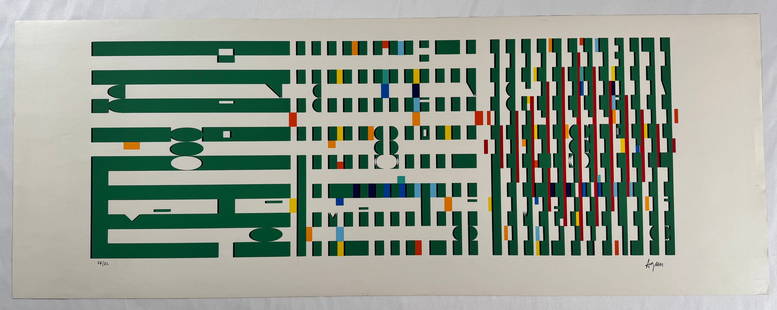 Signed Lithograph by Yaacov Agam, Numbered 27/82, 36"x13": Yaacov Agam (born 11 May 1928) is an Israeli sculptor and experimental artist widely known for his contributions to optical and kinetic art.