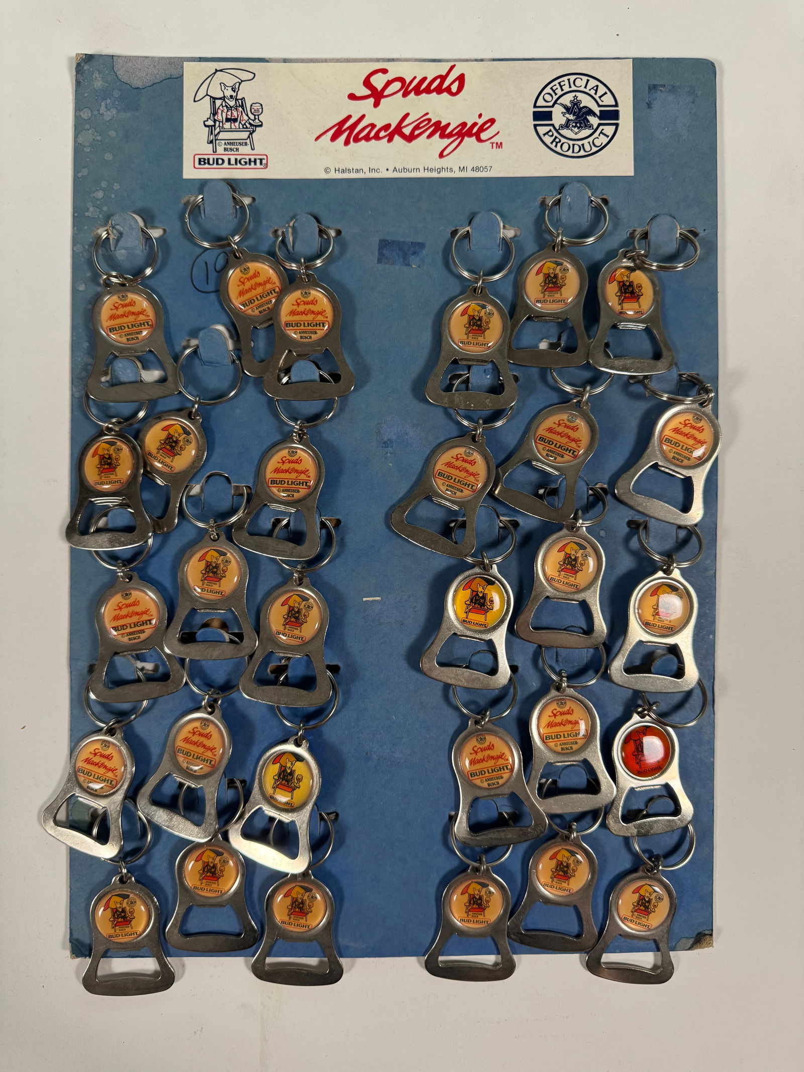 Full set of 30 Bud Light Spuds McKenzie Keychain Bottle Openers Display (1 of 4)