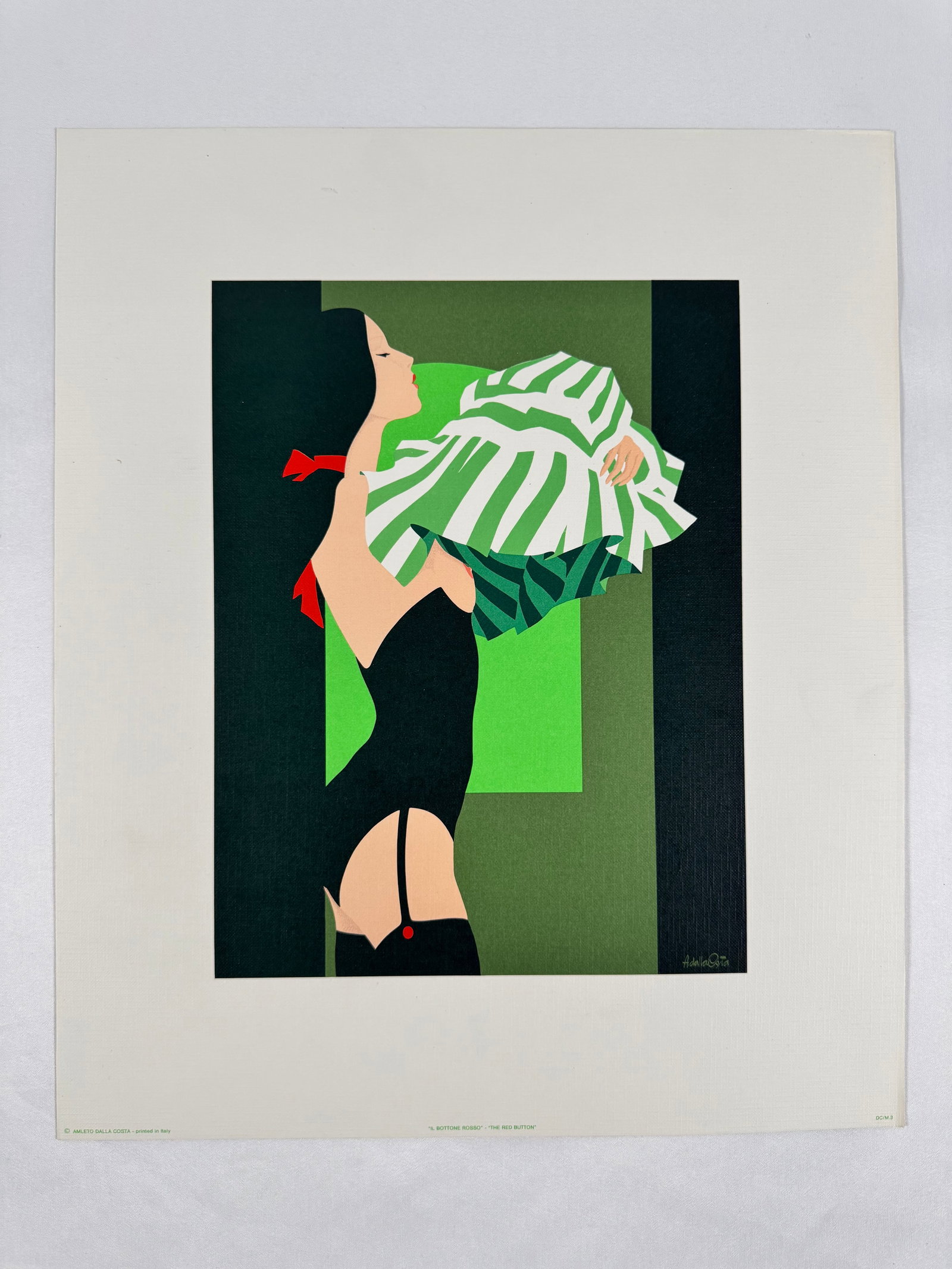 "The Red Button" by Amleto Dalla Costa Original Italian Print, 12.5"x15: Amleto dalla Costa is an Italian artist best known for his flat, figurative paintings and silkscreen prints of women that directly reference art history. Born in 1929 in Milan, Italy, Costa's composit