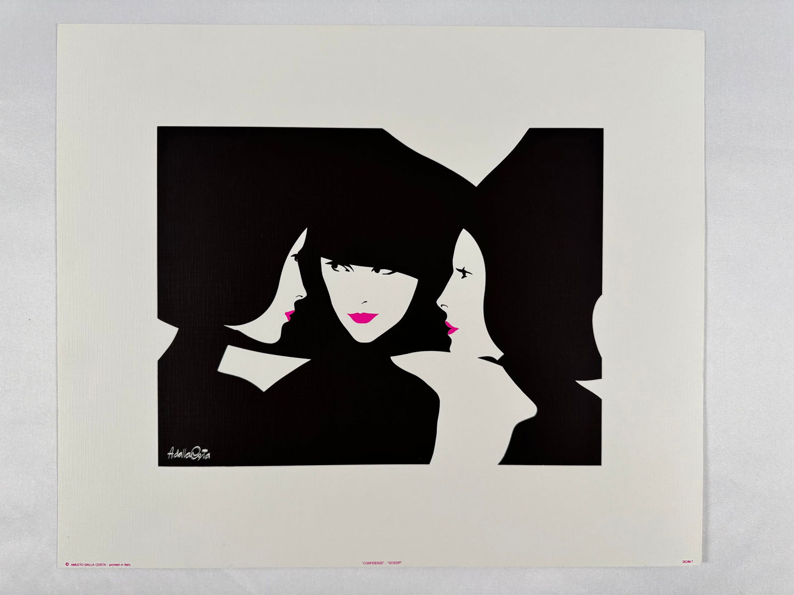 "Gossip" by Amleto Dalla Costa Original Italian Print, 15"x12.5: Amleto dalla Costa is an Italian artist best known for his flat, figurative paintings and silkscreen prints of women that directly reference art history. Born in 1929 in Milan, Italy, Costa's composit