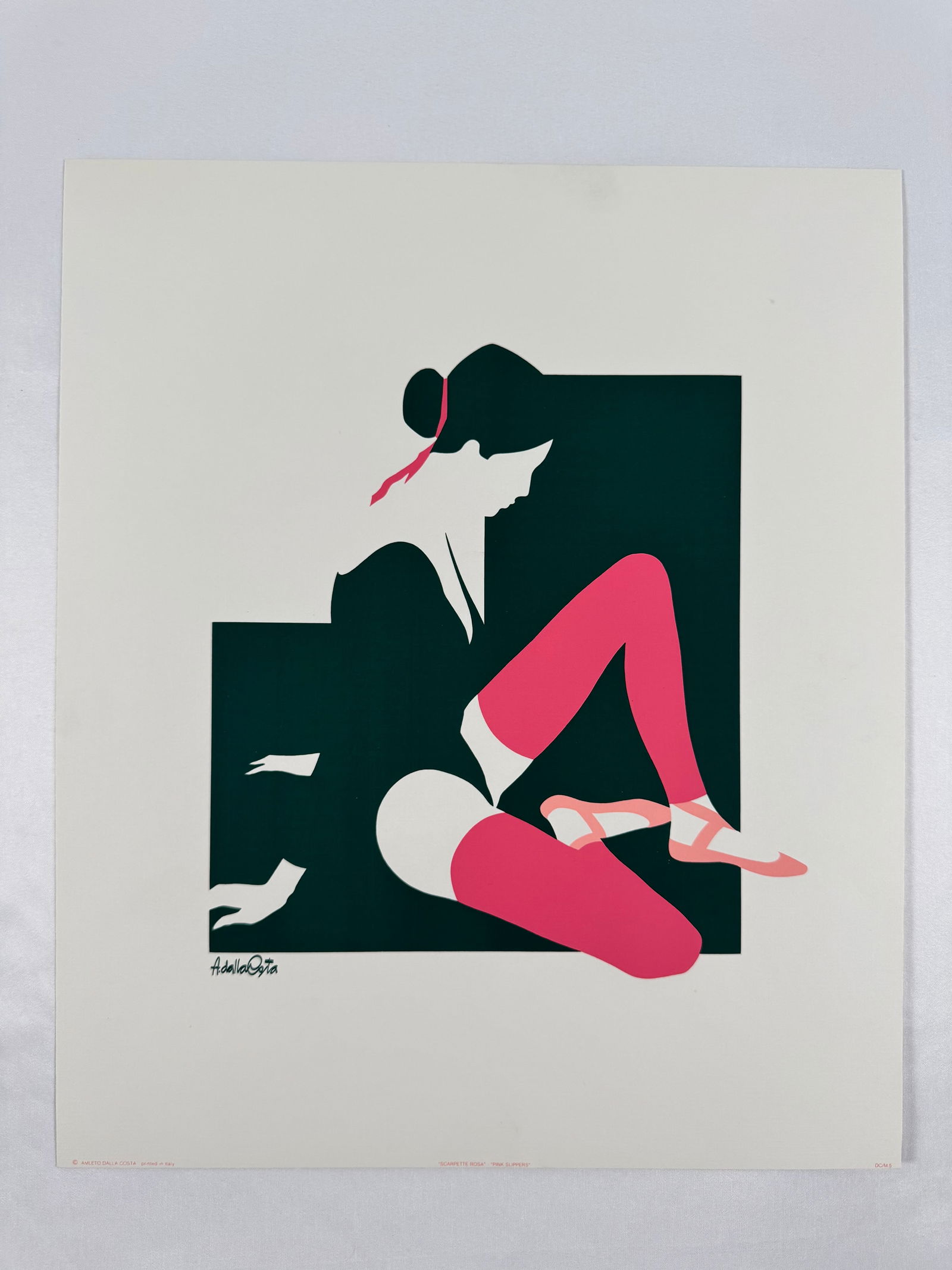 "Pink Slippers" by Amleto Dalla Costa Original Italian Print, 12.5"x15: Amleto dalla Costa is an Italian artist best known for his flat, figurative paintings and silkscreen prints of women that directly reference art history. Born in 1929 in Milan, Italy, Costa's composit