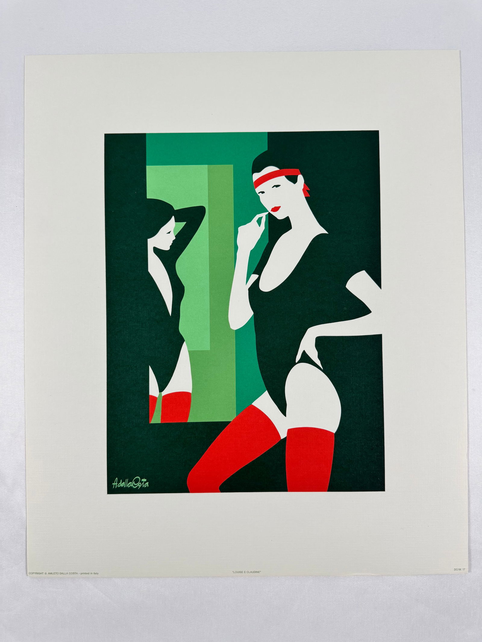 "Louise E. Claudine" by Amleto Dalla Costa Original Italian Print, 12.5"x15: Amleto dalla Costa is an Italian artist best known for his flat, figurative paintings and silkscreen prints of women that directly reference art history. Born in 1929 in Milan, Italy, Costa's composit