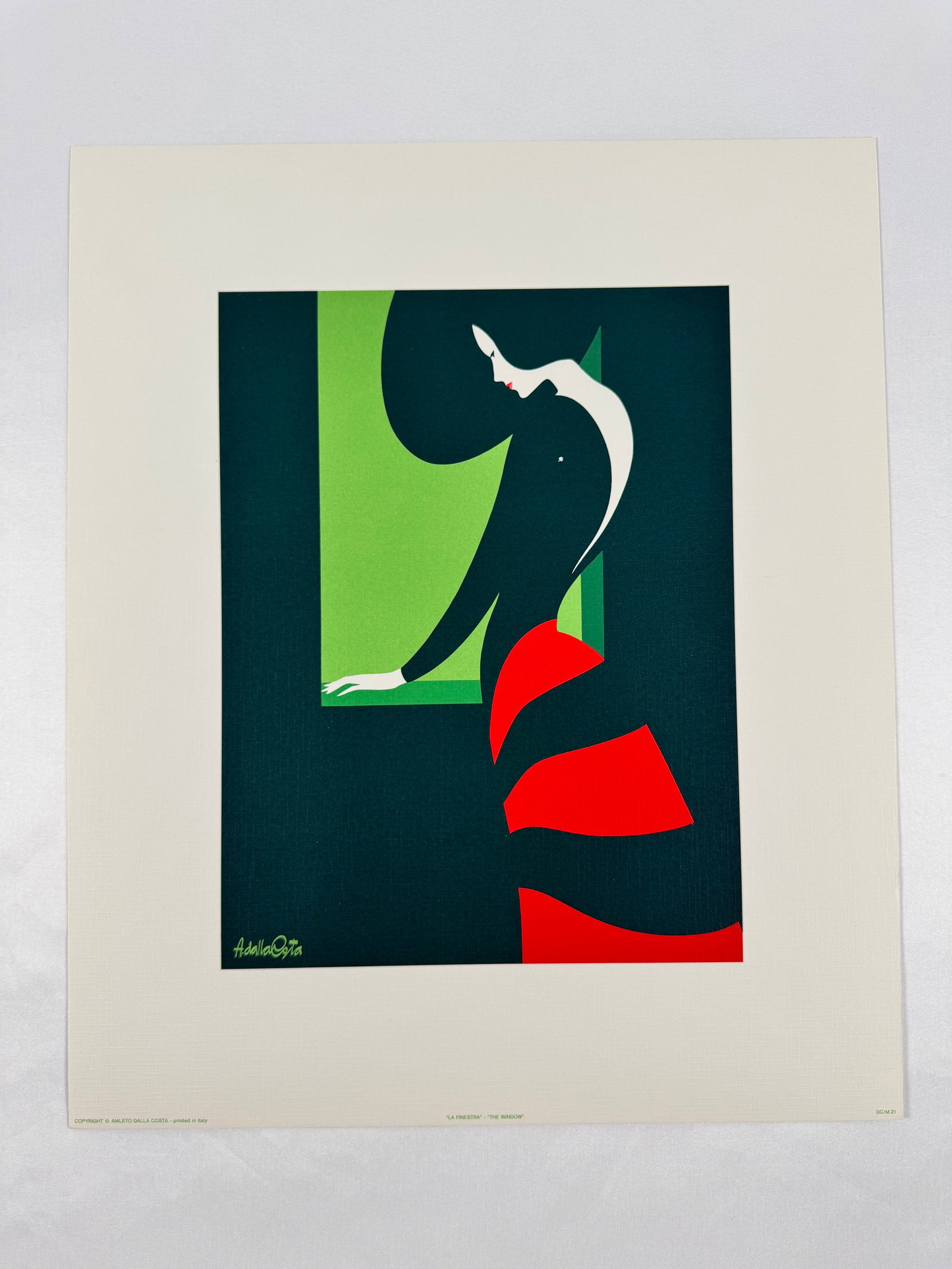 "The Window" by Amleto Dalla Costa Original Italian Print, 12.5"x15: Amleto dalla Costa is an Italian artist best known for his flat, figurative paintings and silkscreen prints of women that directly reference art history. Born in 1929 in Milan, Italy, Costa's composit