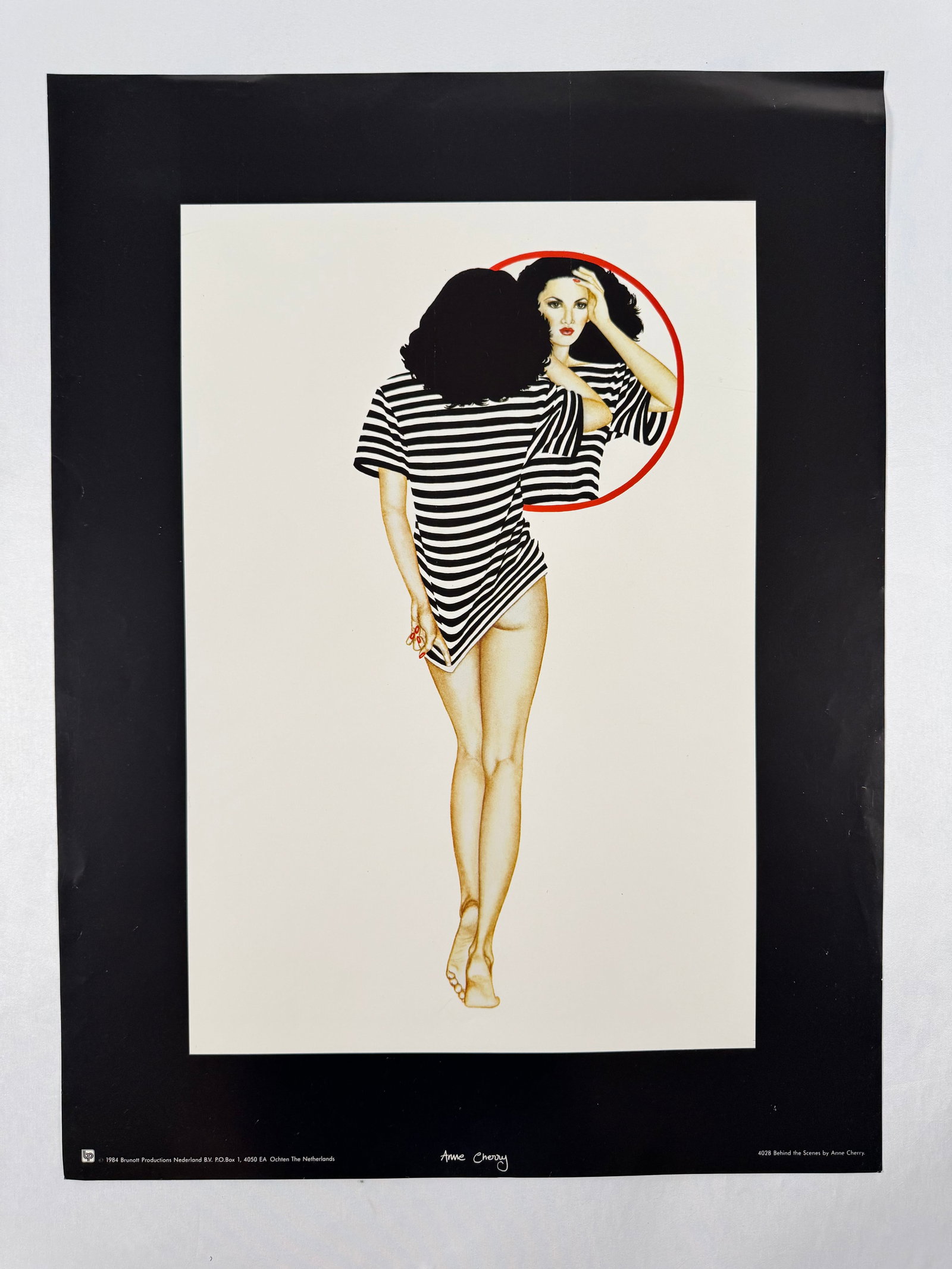 Anne Cherry Original Fashion Poster Print 1984 The Netherlands, "4028 Behind the Scenes", 18"x23.5": Poster copy reads: 1984 Brunott Productions Nederland BV PO Box 1, 4050 EA Ochten The Netherlands