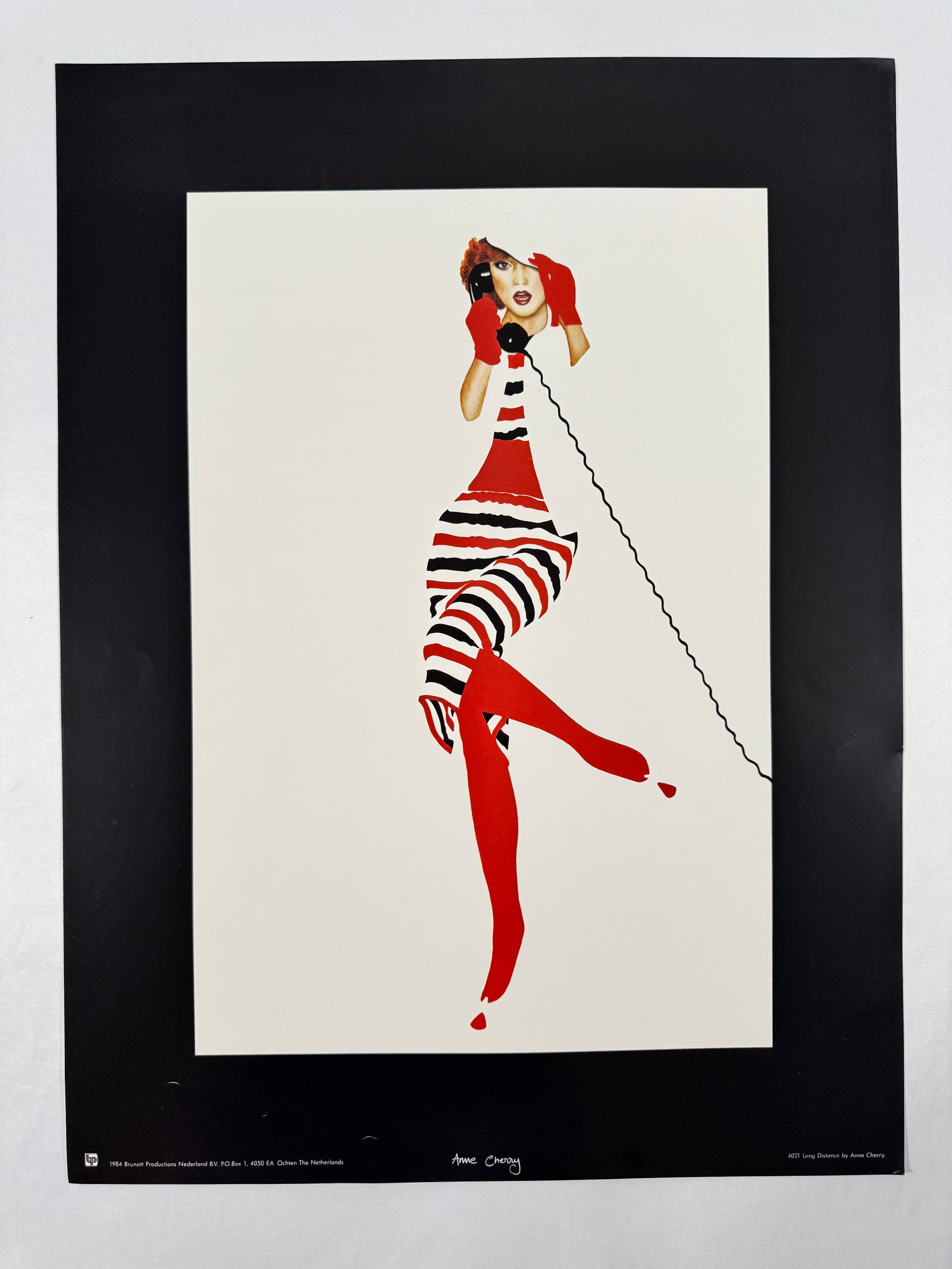 Anne Cherry Original Fashion Poster Print 1984 The Netherlands, "4021 Long Distance", 18"x23.5": Poster copy reads: 1984 Brunott Productions Nederland BV PO Box 1, 4050 EA Ochten The Netherlands