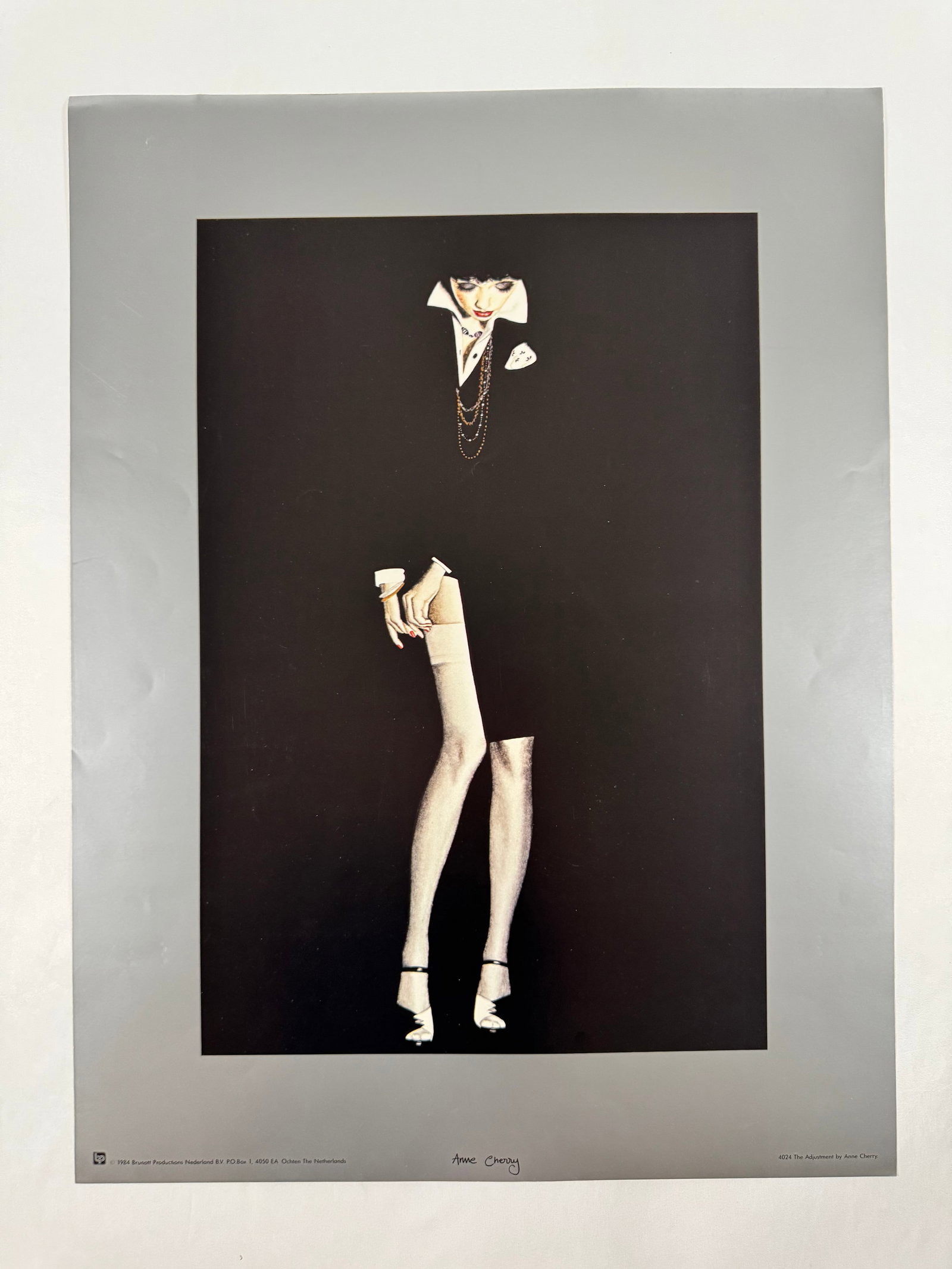 Anne Cherry Original Fashion Poster Print 1984 The Netherlands, "4024 The Adjustment", 18"x23.5": Poster copy reads: 1984 Brunott Productions Nederland BV PO Box 1, 4050 EA Ochten The Netherlands