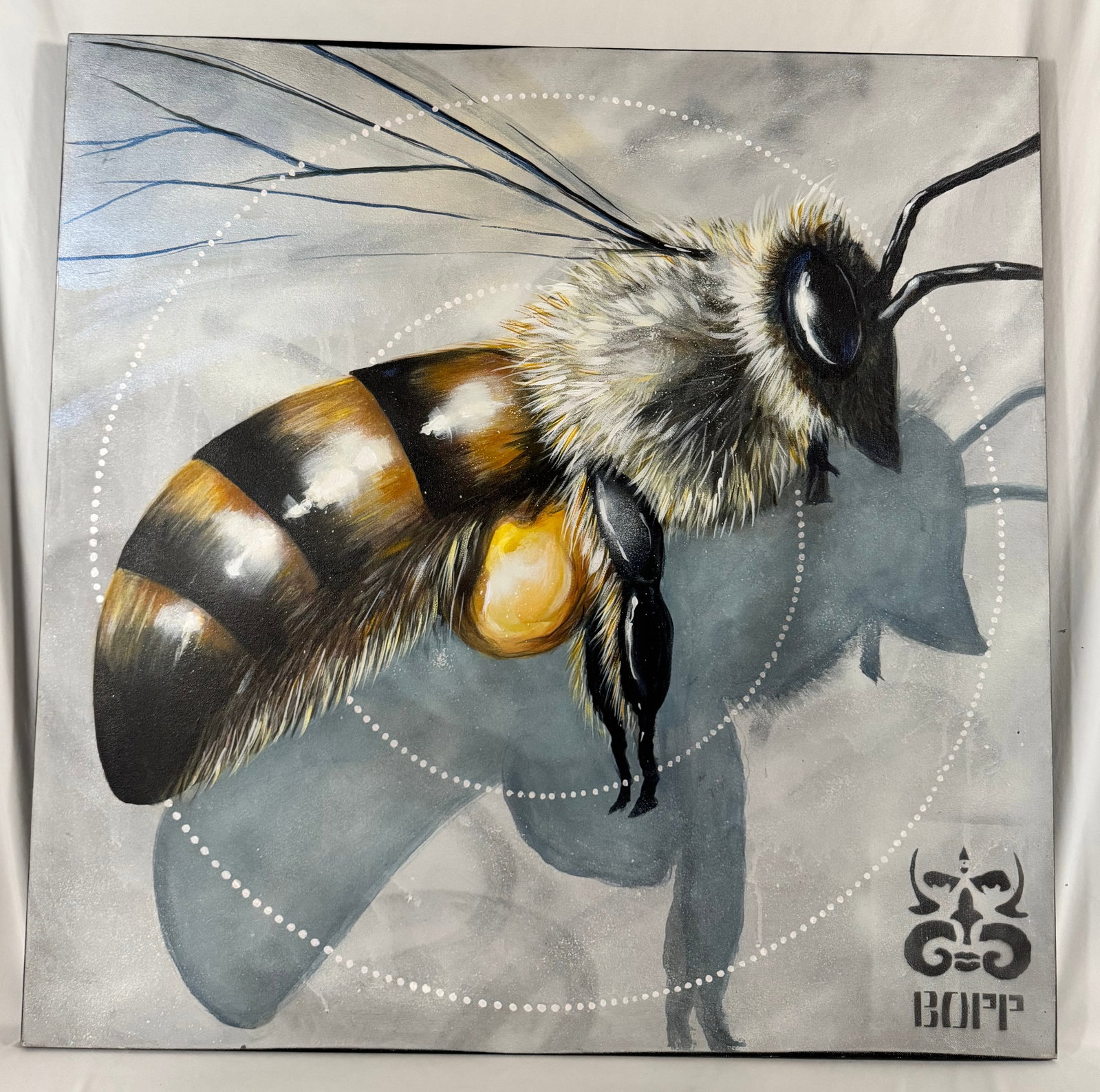 Bumblebee by Clinton Bopp Original Painting on Canvas Signed: Artist Clinton Bopp was born and raised in the town of Lower Hutt, New Zealand to an American father and New Zealand mother. Bopp arrived in Los Angeles in 1998 to follow his artistic muse.??Not limit