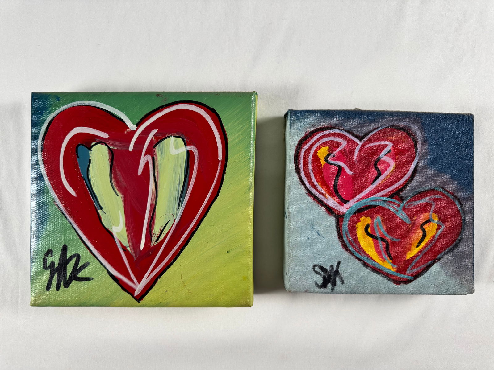 Lot of 2 Steve Kaufman Original Paintings Acrylic on Canvas Signed Modern Heart Pop Artwork (1 of 4)