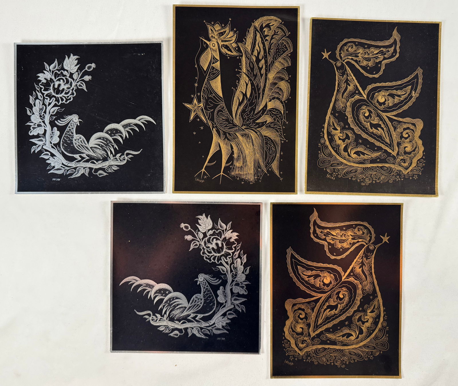 Lot of 5 Sascha Brastoff Gold and Silver Ceramic Rooster Prints (1 of 6)