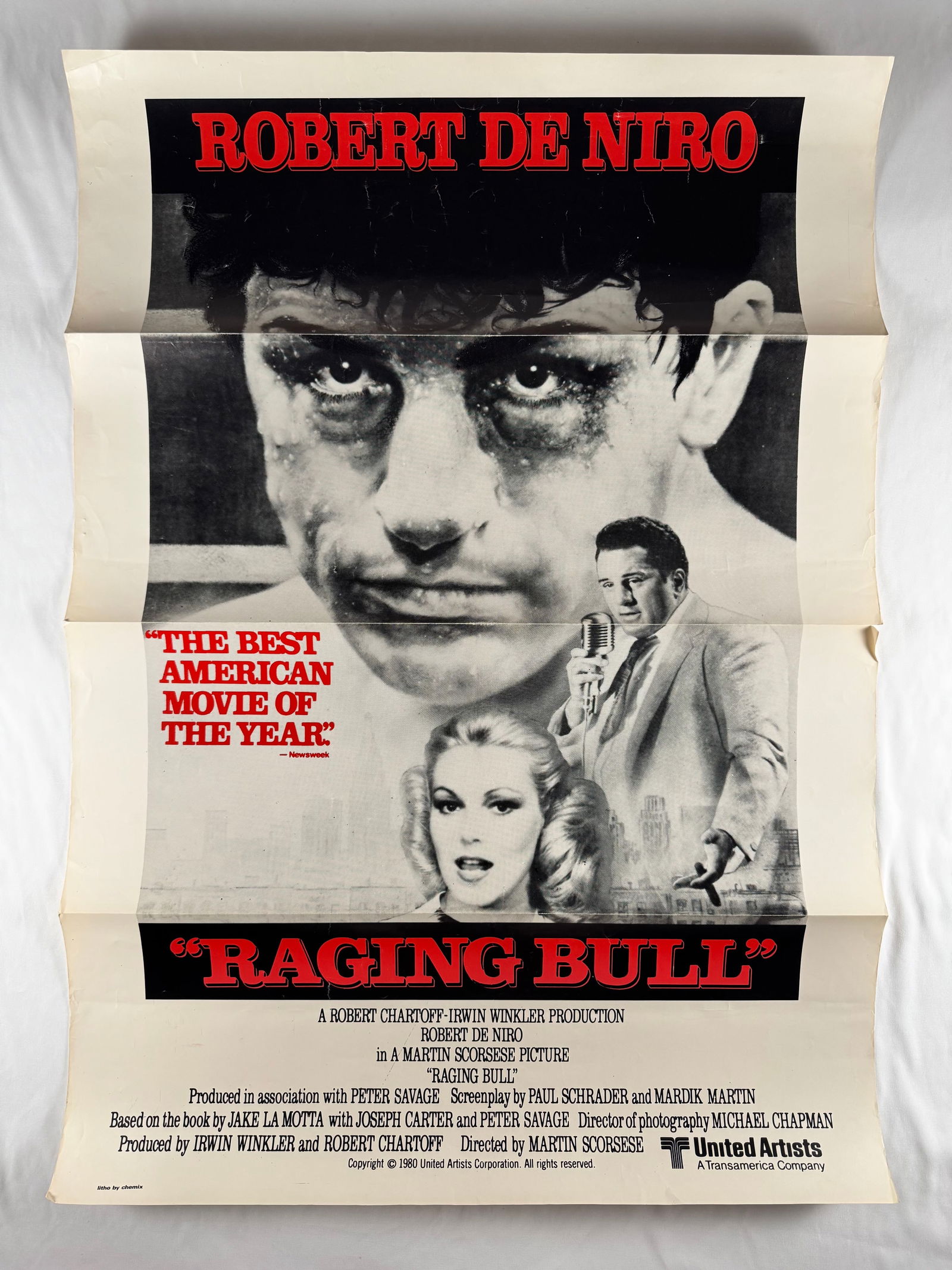 Raging Bull 1980 Original Vintage One Sheet 1SH Movie Poster 27x41" Martin Scorcese Robert De Niro: Raging Bull is a 1980 American biographical sports drama film directed by Martin Scorsese and starring Robert De Niro, Joe Pesci, Cathy Moriarty, Theresa Saldana, Frank Vincent and Nicholas Colasanto