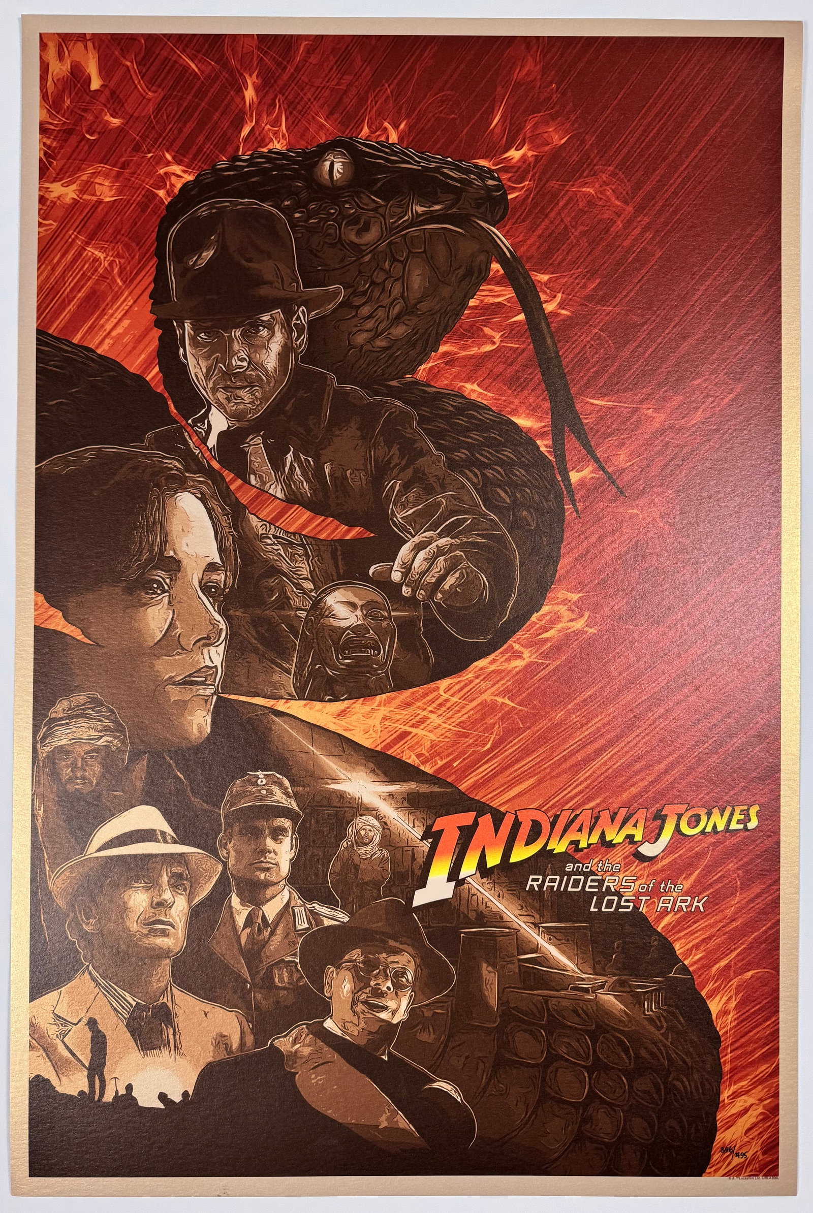 Raiders of the Lost Ark by Devin Schoeffler 396/495 Original Art Print Harrison Ford Indiana Jones: Raiders of the Lost Ark is a 1981 American action-adventure film directed by Steven Spielberg and written by Lawrence Kasdan, based on a story by George Lucas and Philip Kaufman. Set in 1936, the film