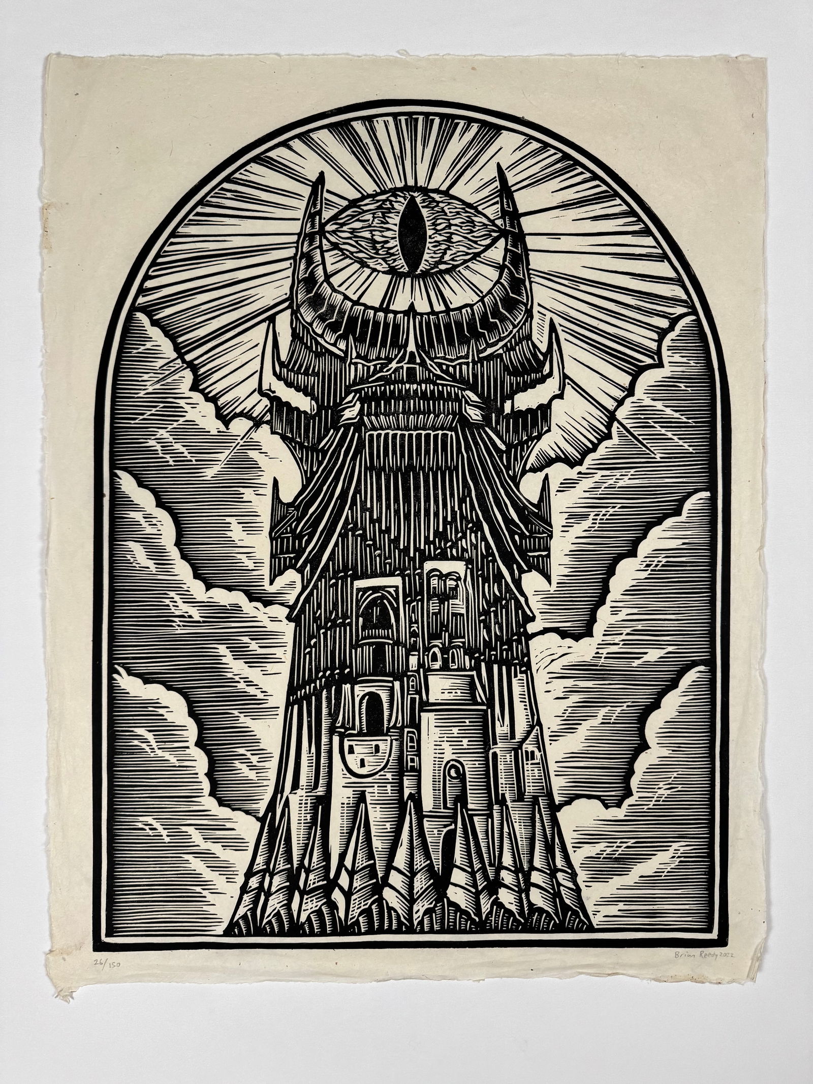Barad-dûr by Brian Reedy 2022 26/150 Lord of the Rings Linocut print on Lokta Paper Original Art: Miami based artist, Brian Reedy, creates modern works of art using the painstaking process of block printing, the craft of hand carving wood blocks to transfer ink to paper. Throughout the centuries,