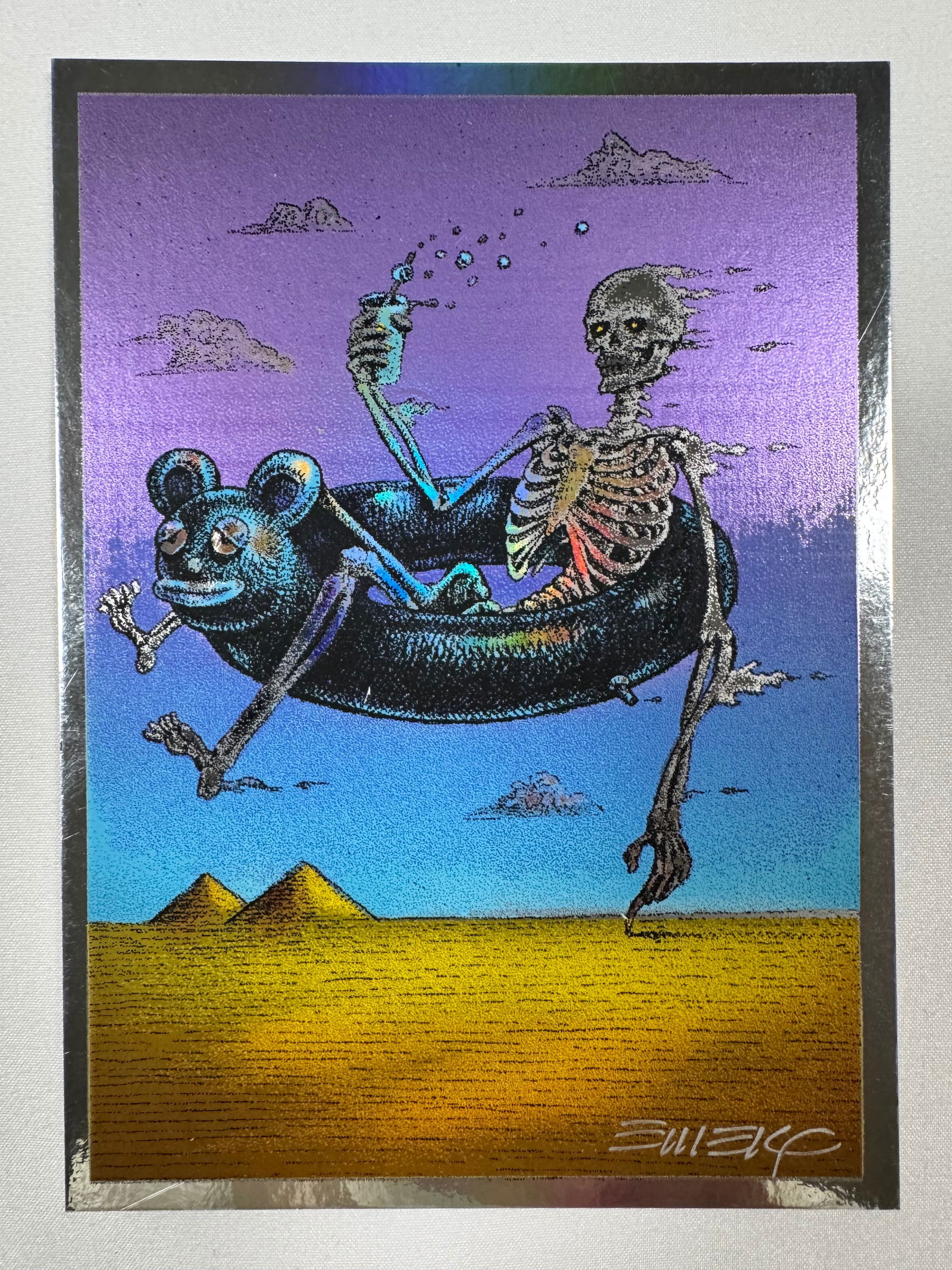 Skeleton Tube by EMEK Mini Silver Print Original Art Print: Emek Golan, known as Emek, is an American designer, illustrator, and fine art painter. He was called "The Thinking Man’s Poster Artist" by punk-rock singer Henry Rollins while working on the album c