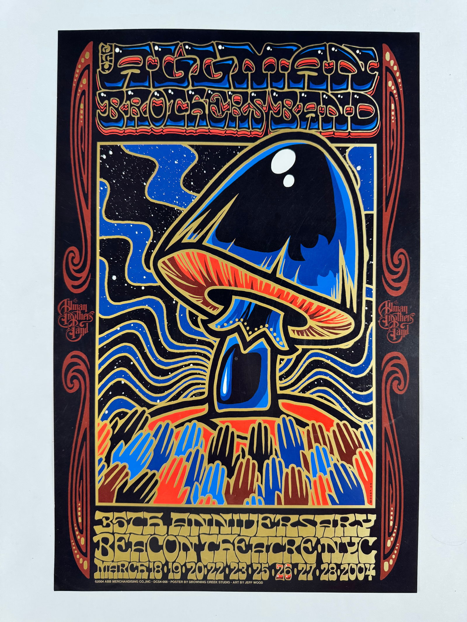 Allman Brothers Band 2004 by Jeff Wood Original Concert Poster: The Allman Brothers Band was an American rock band formed in Jacksonville, Florida, in 1969. The eponymous brothers Duane (slide guitar, lead guitar) and Gregg Allman (vocals, keyboards) founded it wi