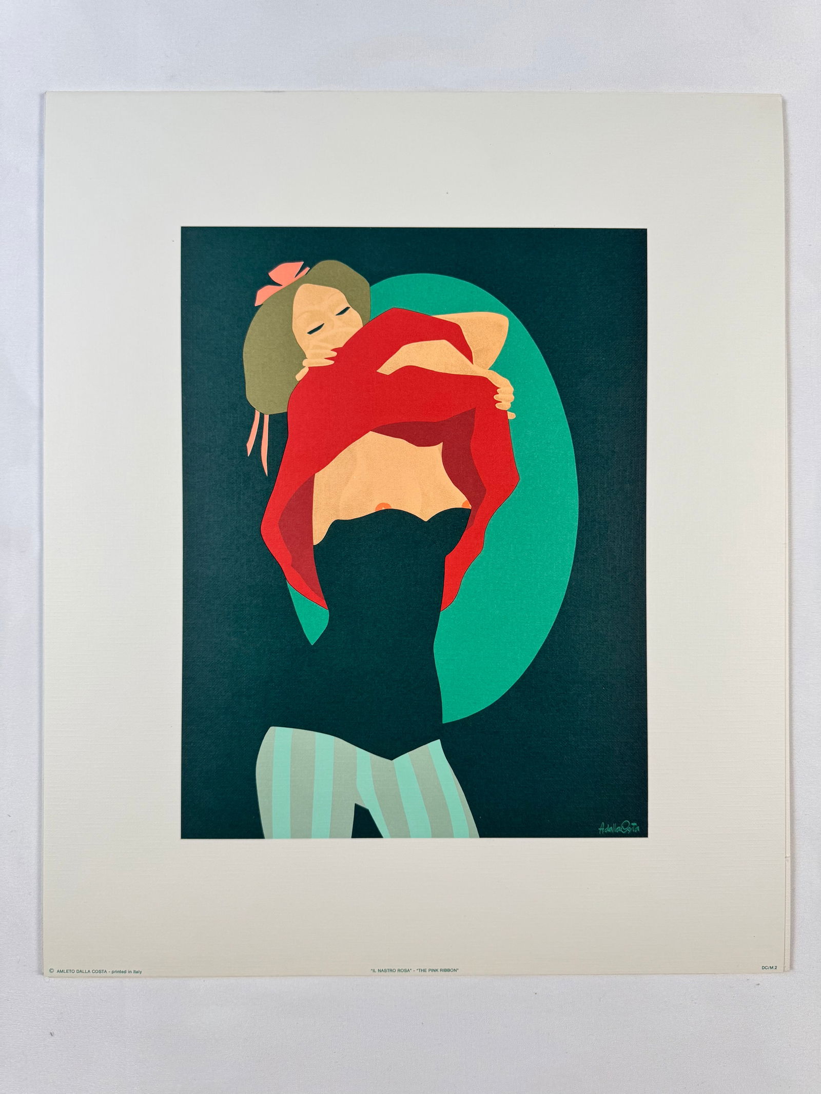 "The Pink Ribbon" by Amleto Dalla Costa Original Italian Print, 12.5"x15: Amleto dalla Costa is an Italian artist best known for his flat, figurative paintings and silkscreen prints of women that directly reference art history. Born in 1929 in Milan, Italy, Costa's composit