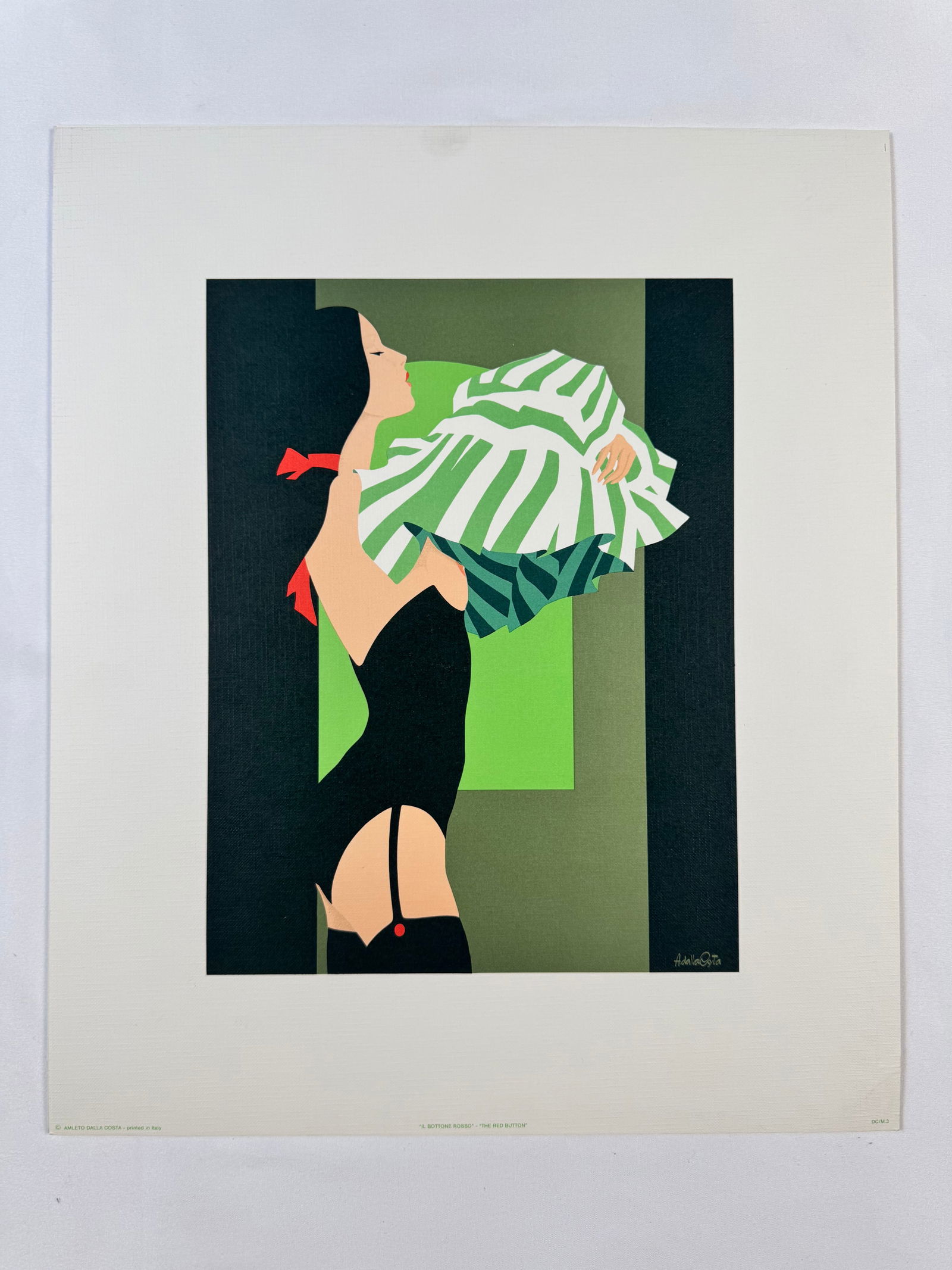 "The Red Button" by Amleto Dalla Costa Original Italian Print, 12.5"x15: Amleto dalla Costa is an Italian artist best known for his flat, figurative paintings and silkscreen prints of women that directly reference art history. Born in 1929 in Milan, Italy, Costa's composit