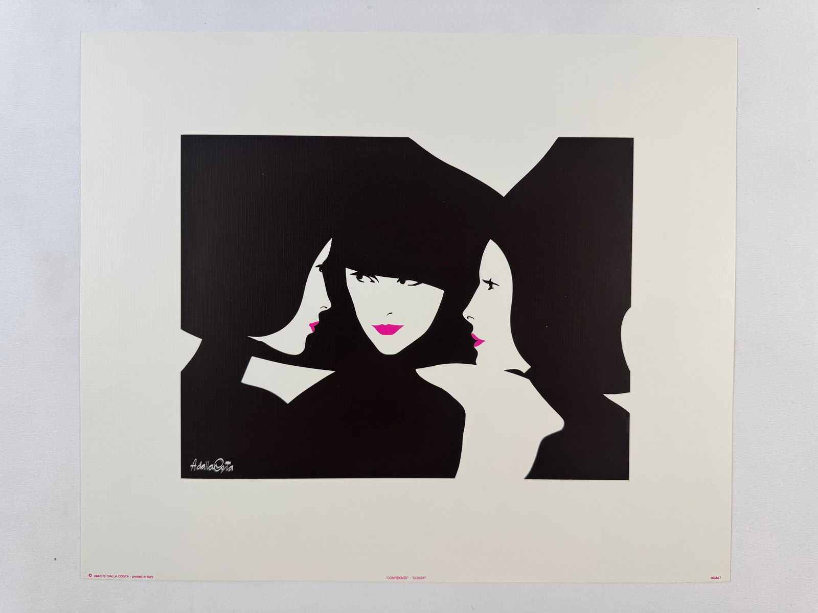 "Gossip" by Amleto Dalla Costa Original Italian Print, 15"x12.5: Amleto dalla Costa is an Italian artist best known for his flat, figurative paintings and silkscreen prints of women that directly reference art history. Born in 1929 in Milan, Italy, Costa's composit