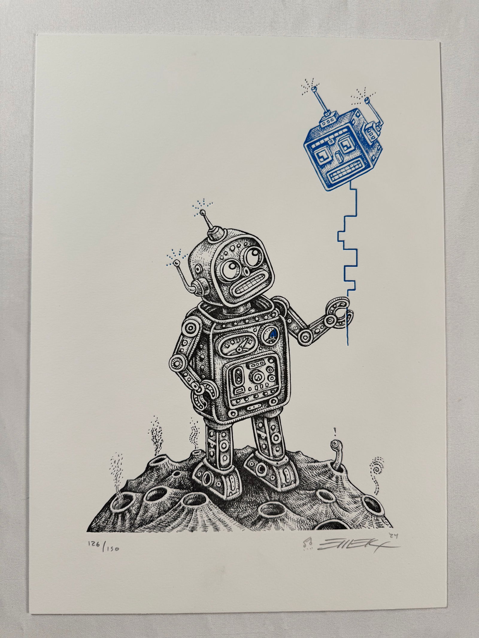 Balloon Friend" by Emek 2024 Signed, Numbered Letterpress Print 126/150, 10"x14: Emek, also known as Golan Levin, is a renowned rock poster artist known for his detailed, hand-drawn, and silkscreened posters, often incorporating socio-political commentary into pop culture imagery.