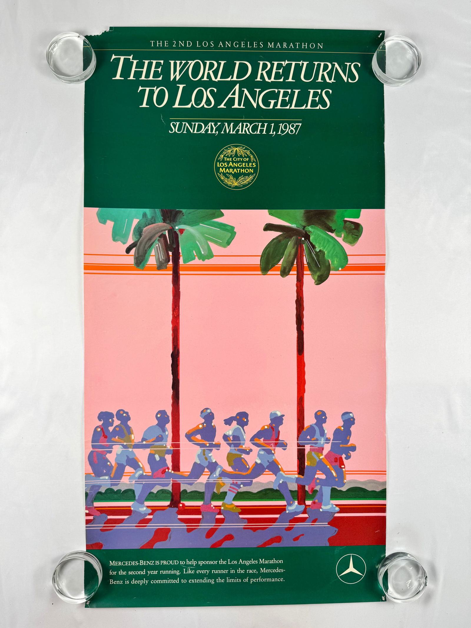 1987 Los Angeles Marathon Poster Sponsored by Mercedes-Benz: A bold, colorful poster for the 2nd Los Angeles Marathon on March 1, 1987, sponsored by Mercedes-Benz and representing a piece of vintage LA sports history.