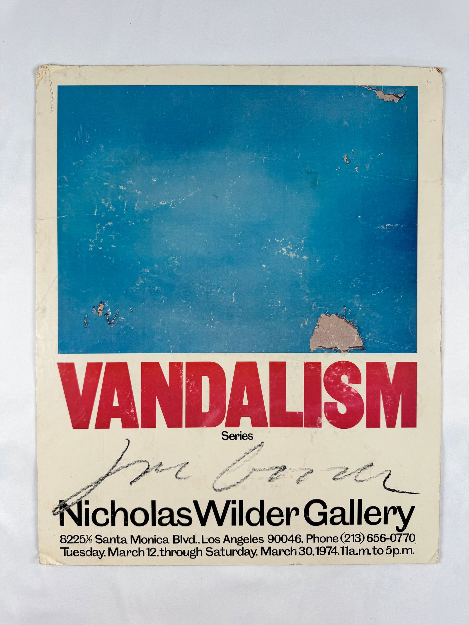 Nicholas Wilder Gallery “Vandalism Series" Joe Goode 1974 Exhibition Poster: A vintage 1974 exhibition poster from the Nicholas Wilder Gallery promoting the “Vandalism Series” with Joe Goode. The design features distressed, intentionally defaced imagery that reflects t
