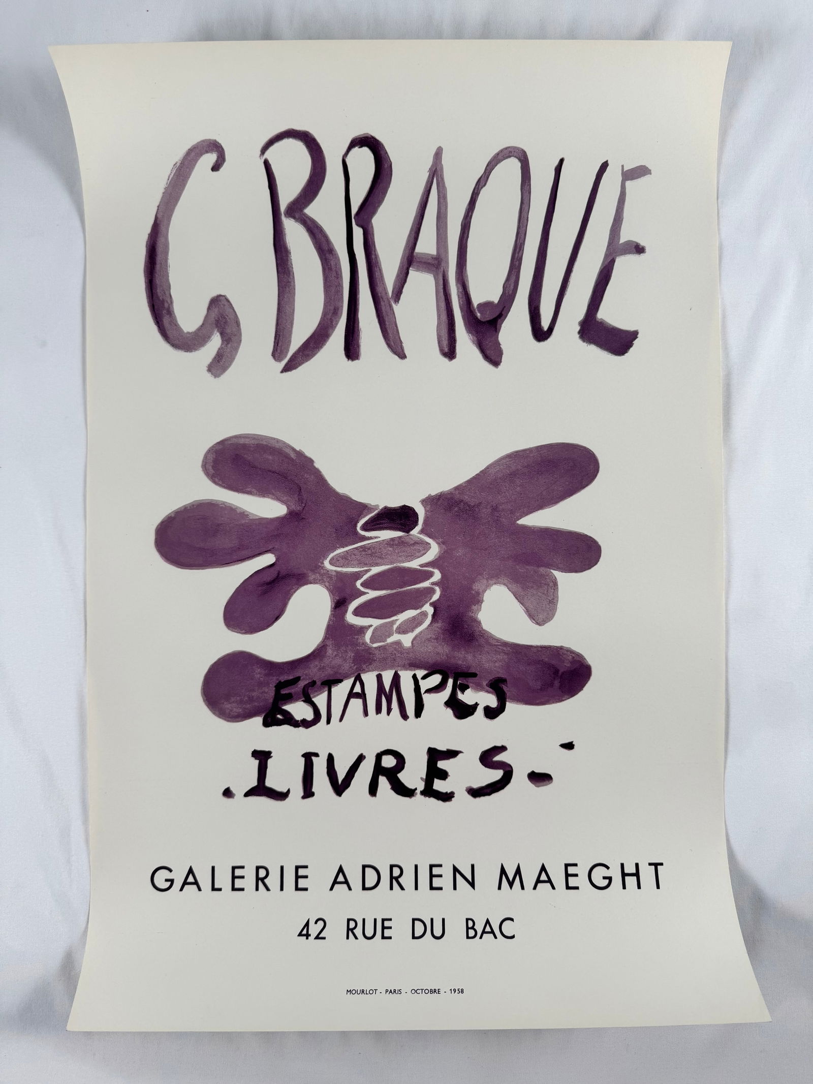 Georges Braque at Galerie Adrien Maeght 1958 Original Lithograph Exhibition Poster Art Artist Print: This original lithographic composition by Braque was printed to promote an exhibition of the Master's illustrated books at the Maeght gallery on the Rue du Bac in Paris. This is a rare proof not only
