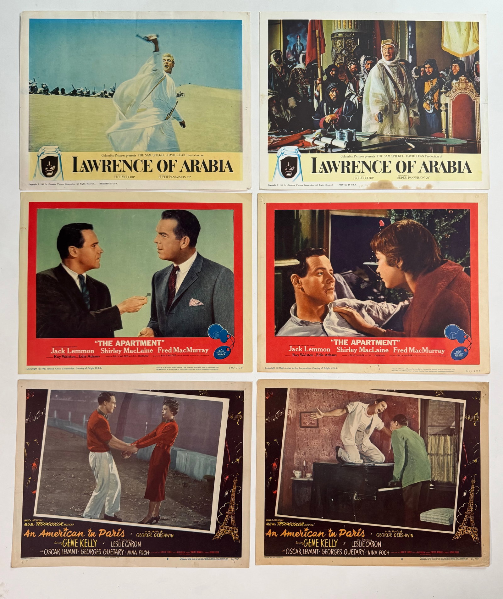 Lot of Six Original Lobby Cards 11x14: Titles: An American in Paris x2, The Apartment x2, Lawrence of Arabia x2