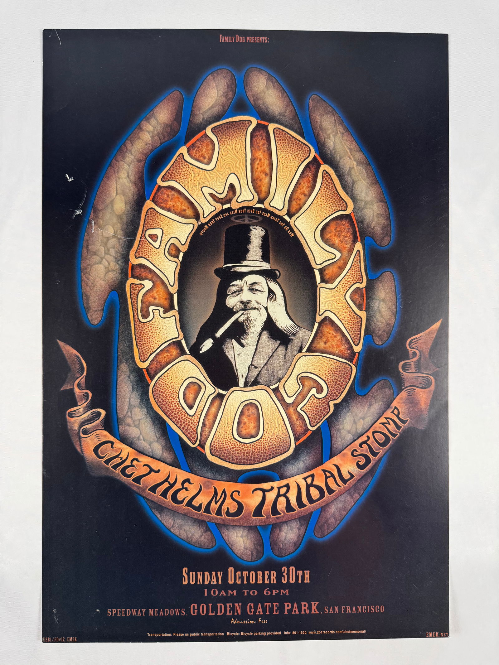 Family Dog Chet Helms Tribal Stomp Golden Gate Park Poster by Emek: This description matches the Family Dog Chet Helms Tribal Stomp Golden Gate Park poster dated October 30 created for an all day free community event. A significant artifact tied to the revival of Fami
