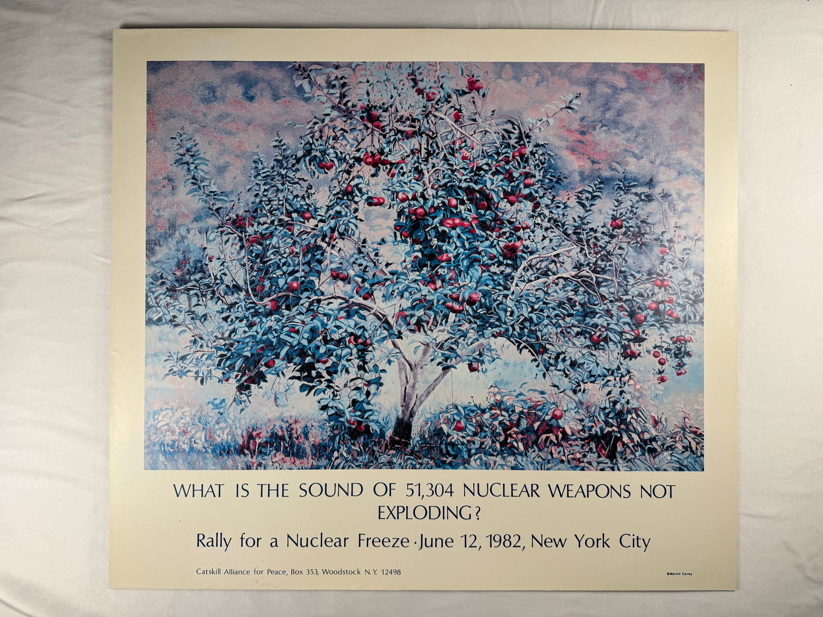 What Is the Sound of 51 Nuclear Weapons Not Exploding 1982 Original Poster: Rally for a Nuclear Freeze Event Poster held on June 12 1982 in New York City. Art by Martin Carey. Catskill Alliance for Peace, Box 353, Woodstock N.Y. 12498