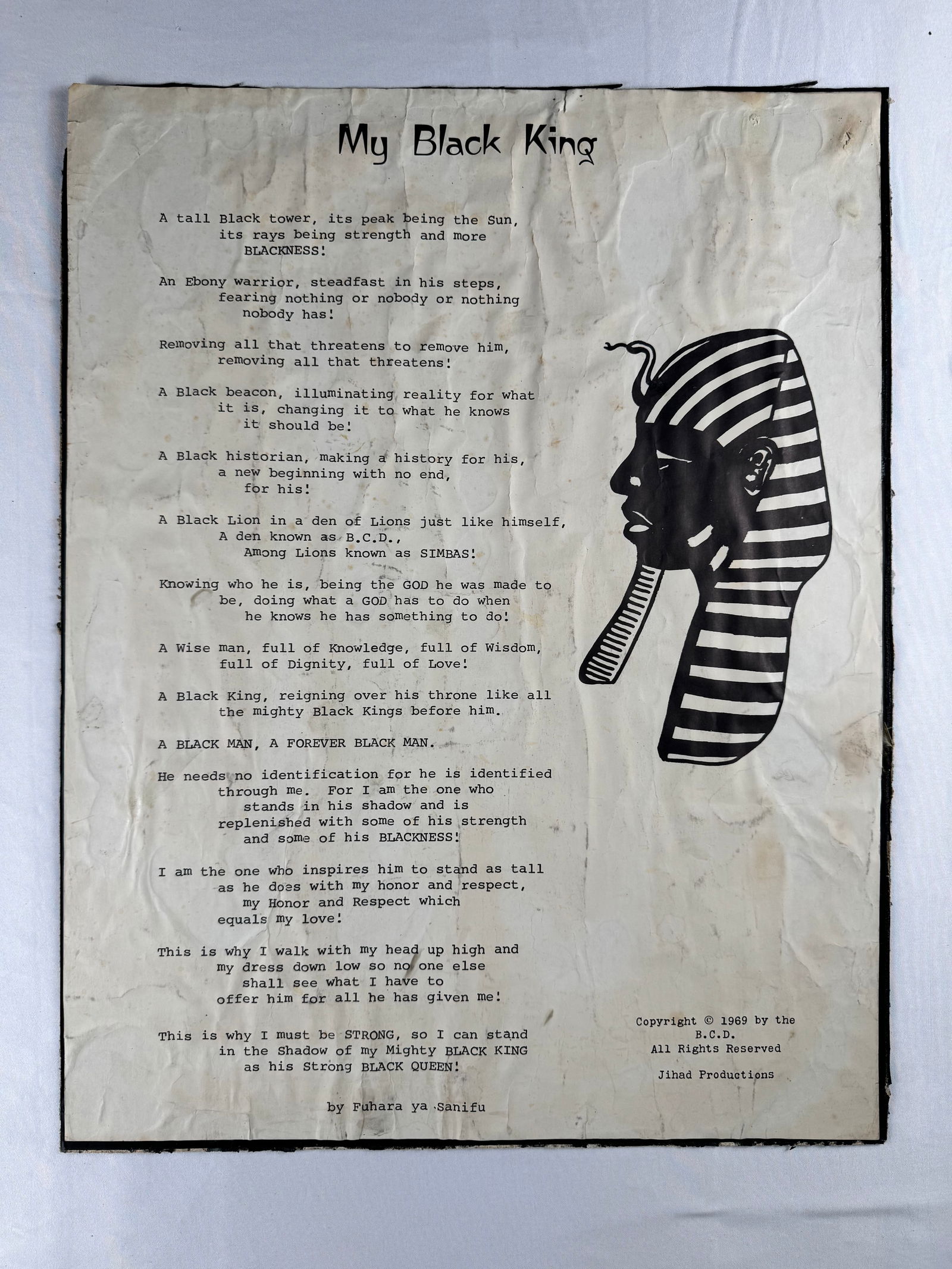 My Black King Poem Original Poster by Fuhara ya Sanifu 1969: My Black King by Fuhara ya Sanifu. Publisher: Jihad Productions, 1969. Affiliation: B.C.D. (often associated with Black cultural / nationalist organizations of the late 1960s). Format: Offset-printed