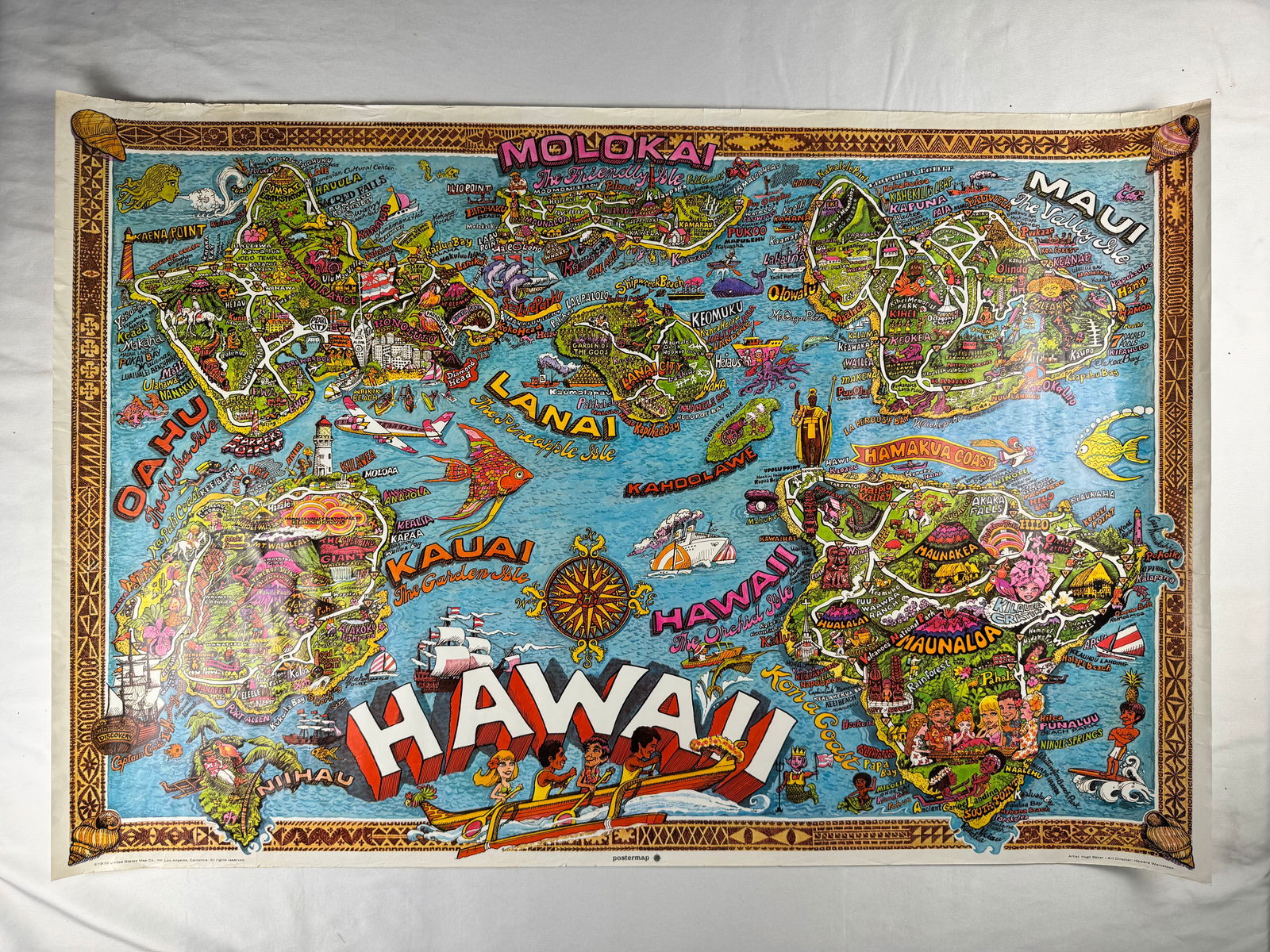 Illustrated Vintage 1972 Map of Hawaii Island Chain Original Poster by Hugh Baker: Vintage 1972 pictorial map of the Hawaiian Islands, illustrated by artist Hugh Baker. It was published by Travel Graphics International.