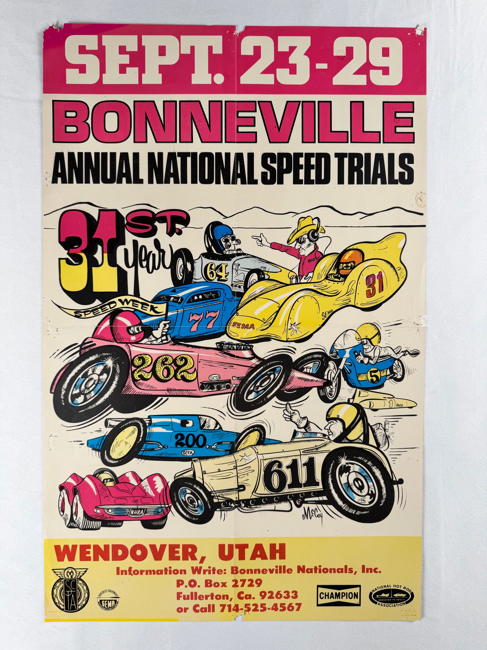 Bonneville Annual National Speed Trials 1979 Racing Original Poster: Poster advertising the Bonneville Annual National Speed Trials held September 23–29 1979. Features illustrated race cars and event details for Wendover Utah.