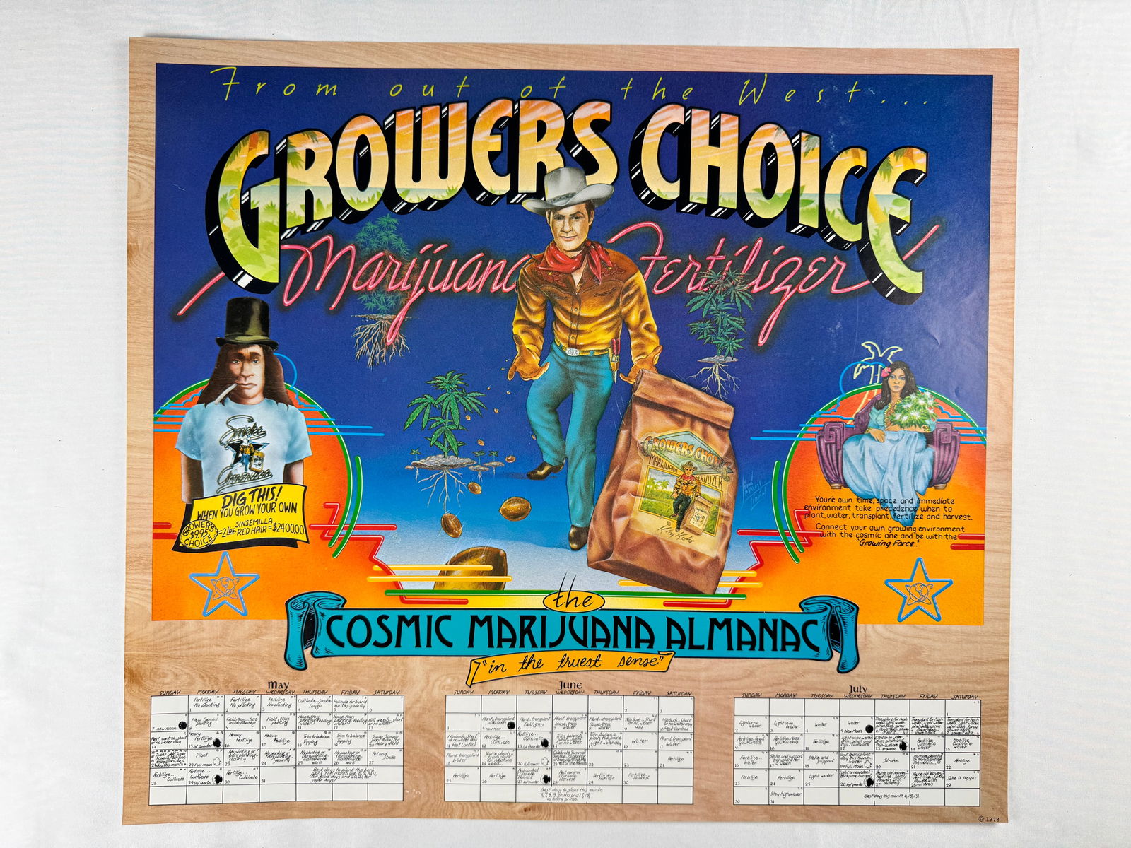 Growers Choice Marijuana Fertilizer Cosmic Almanac Poster 1978: Promotional poster for Growers Choice Marijuana Fertilizer with illustrated figures and calendar elements. Includes the title The Cosmic Marijuana Almanac.
