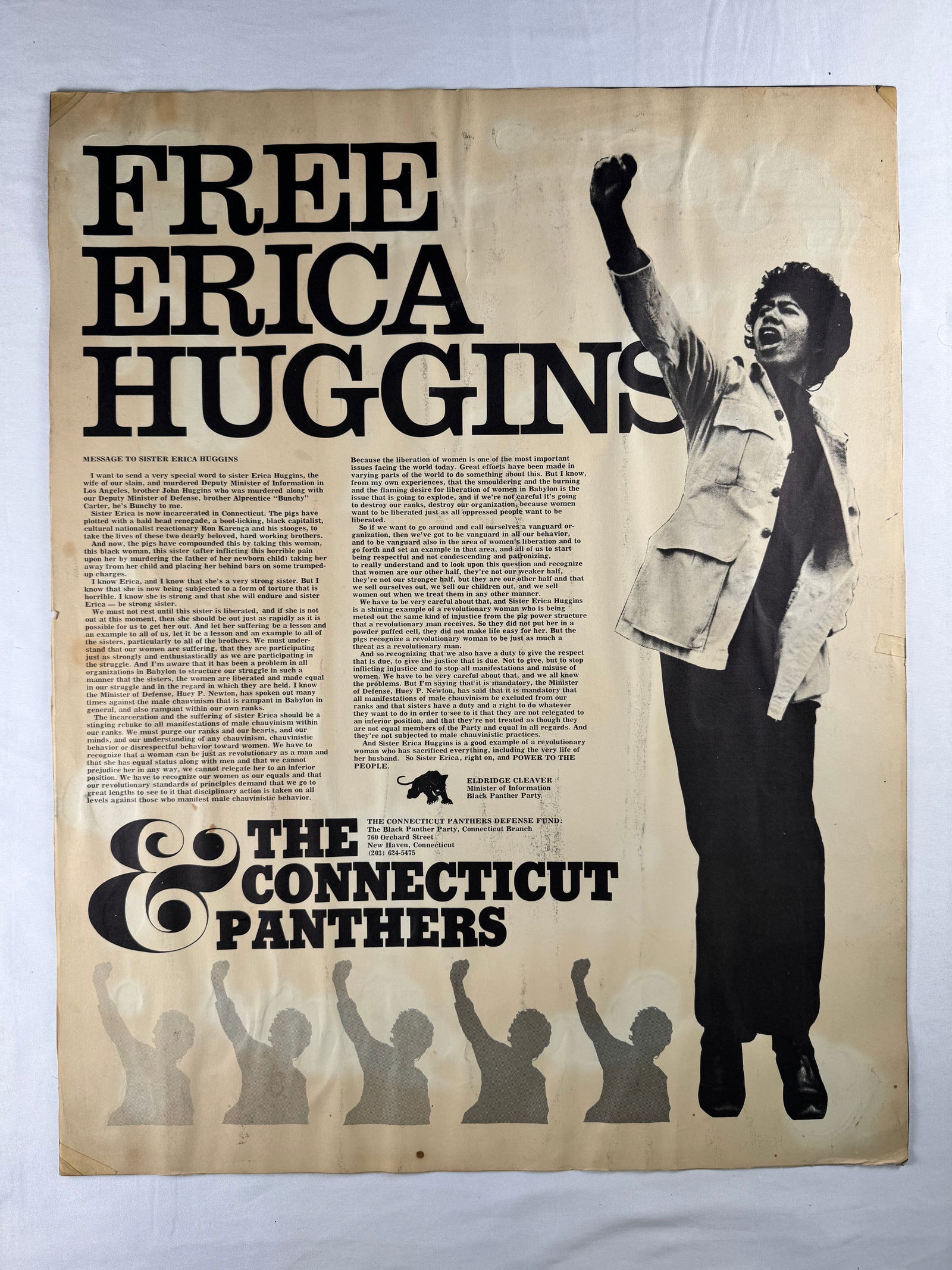Free Erica Huggins Connecticut Black Panthers Political Poster: Offset-printed political poster supporting Erica Huggins of the Black Panther Party. Issued by the Connecticut Panthers and features text by Eldridge Cleaver.