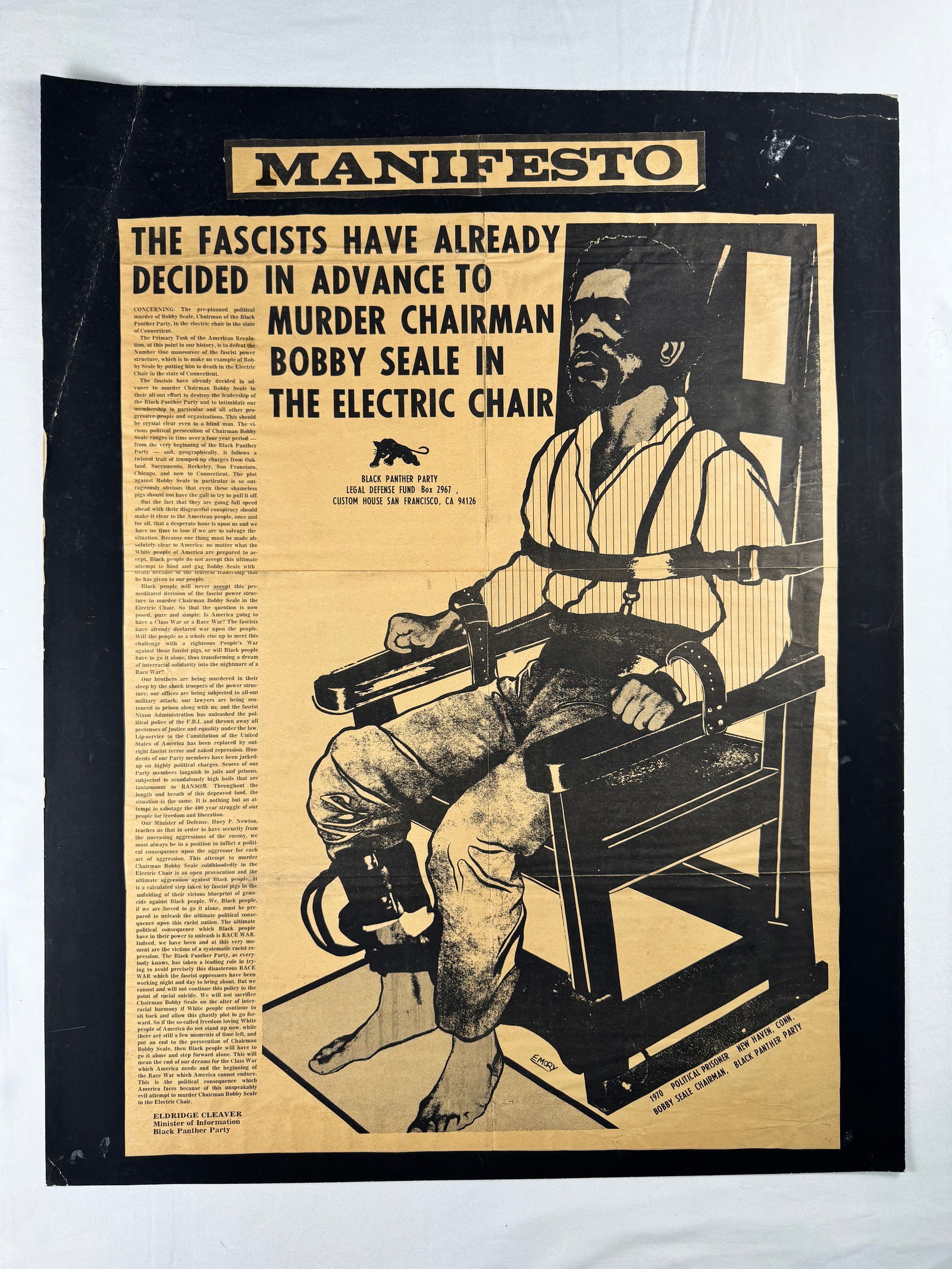 Black Panther Party Bobby Seale Electric Chair Manifesto Poster: Political manifesto poster addressing the incarceration of Bobby Seale. Issued by the Black Panther Party Legal Defense Fund with text and graphic imagery.
