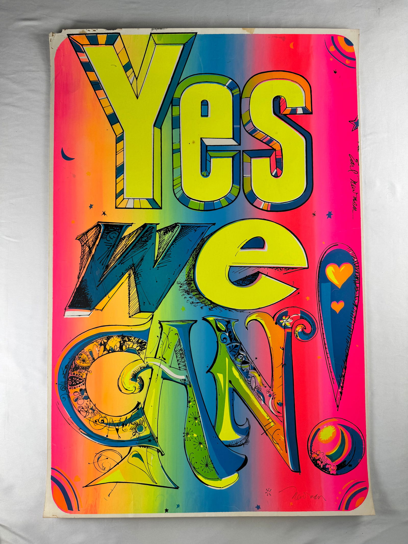 Yes We Can 1970s Psychedelic Typography Poster Signed by Earl Newman: Large-format typographic poster reading “Yes We Can" for women's rights in the 1970s. Signed by artist Earl Newman.