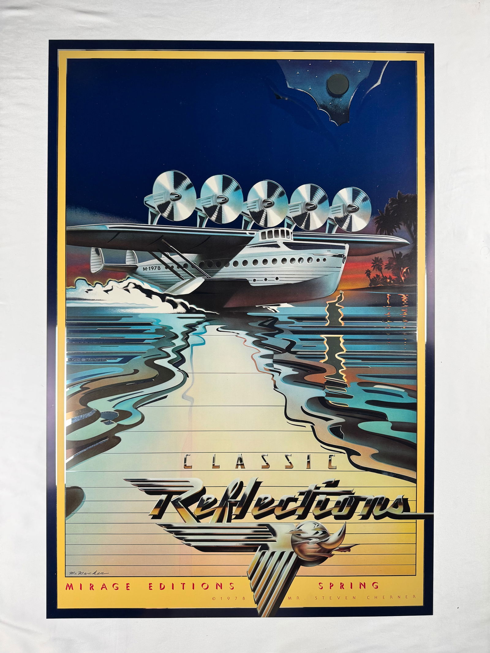 Classic Reflections Mirage Editions Aviation 1978 Art Poster: Aviation-themed art poster depicting a futuristic flying boat aircraft. Published by Mirage Editions and dated 1978.