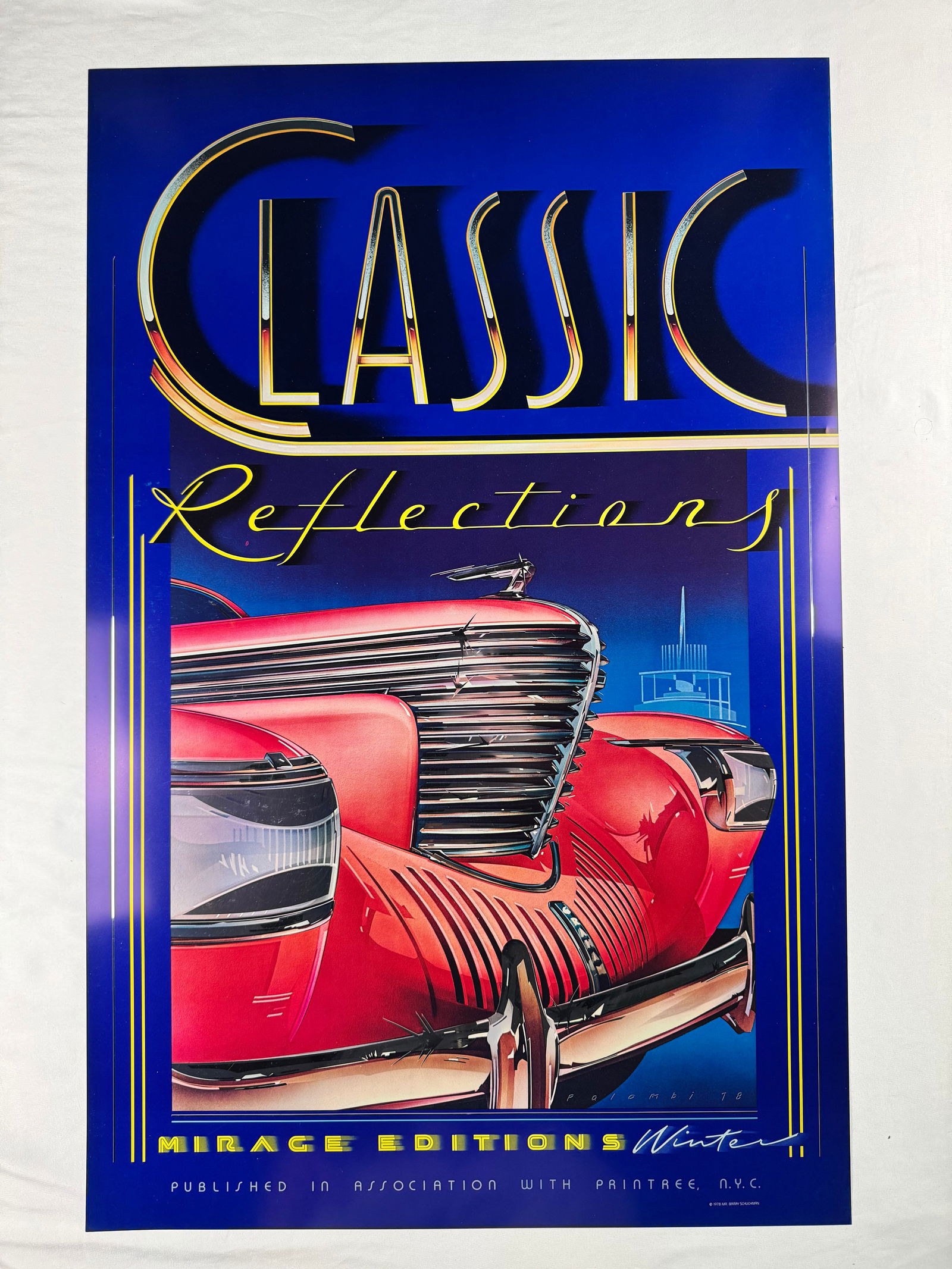 Classic Reflections Mirage Editions Automobile Art Poster: Automotive art poster showing a streamlined classic car front view. Published by Mirage Editions in association with Printree New York City.