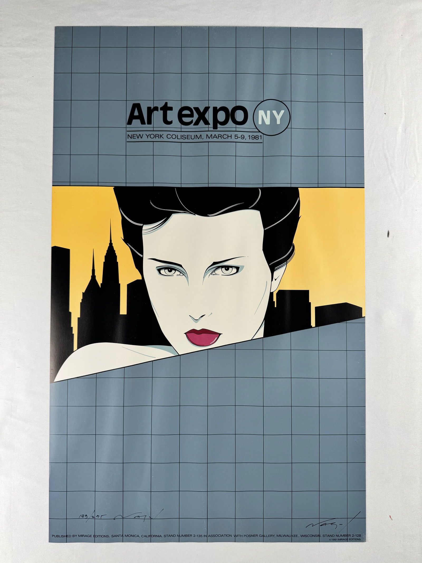 Patrick Nagel Hand Signed Numbered 133/275 Lithograph Art Expo Ny New York Mirage Editions 1981: Promotional poster for Art Expo New York held March 5–9 1981 at the New York Coliseum. Published by Mirage Editions, signed and numbered by Patrick Nagel.