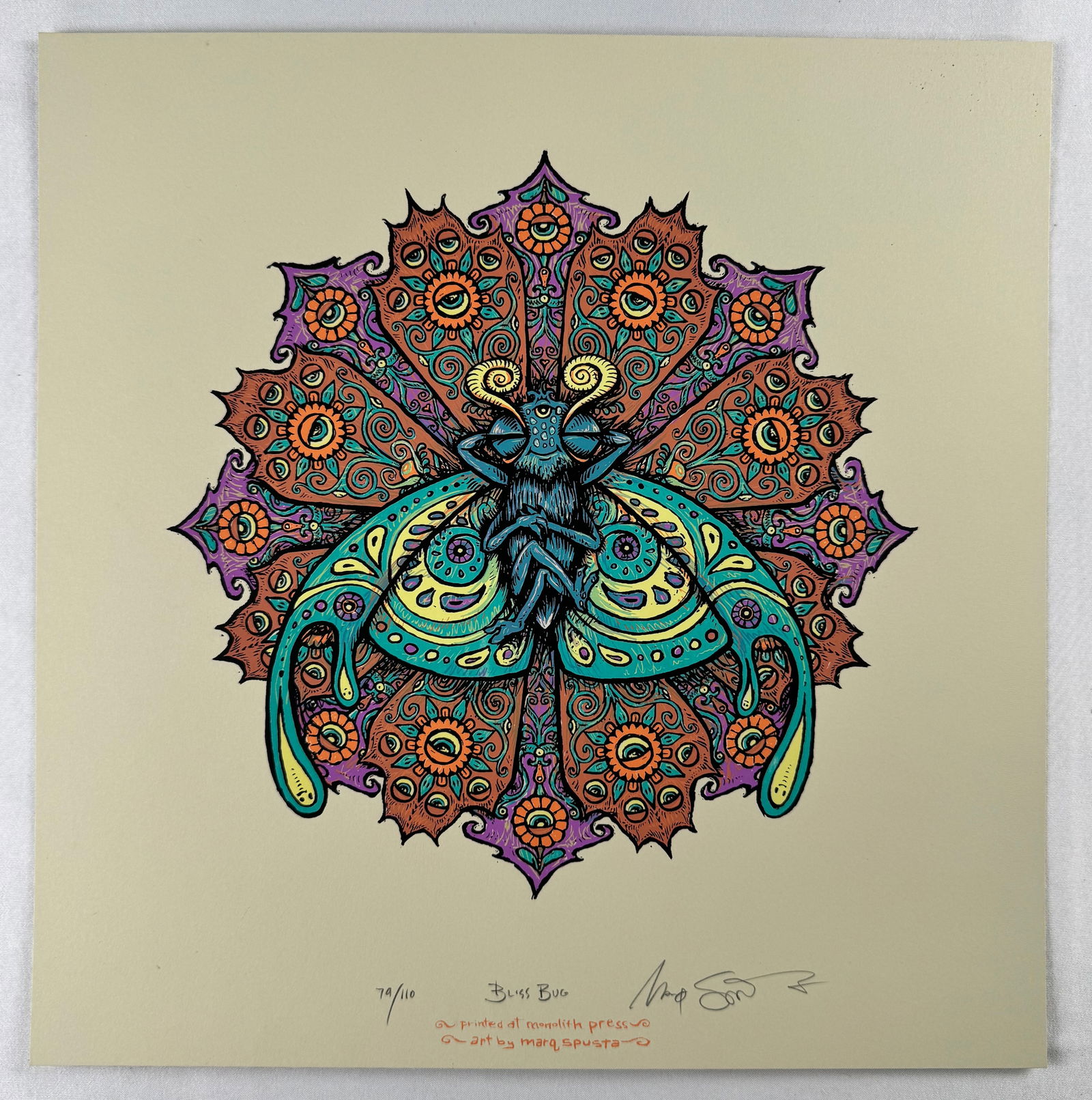 Marq Spusta Signed Numbered 79/110 Bliss Bug Mandala Screen Print: Screen print titled Bliss Bug depicting an insect centered within a symmetrical mandala design. Signed by Mark Spusta and numbered 79 of 110.